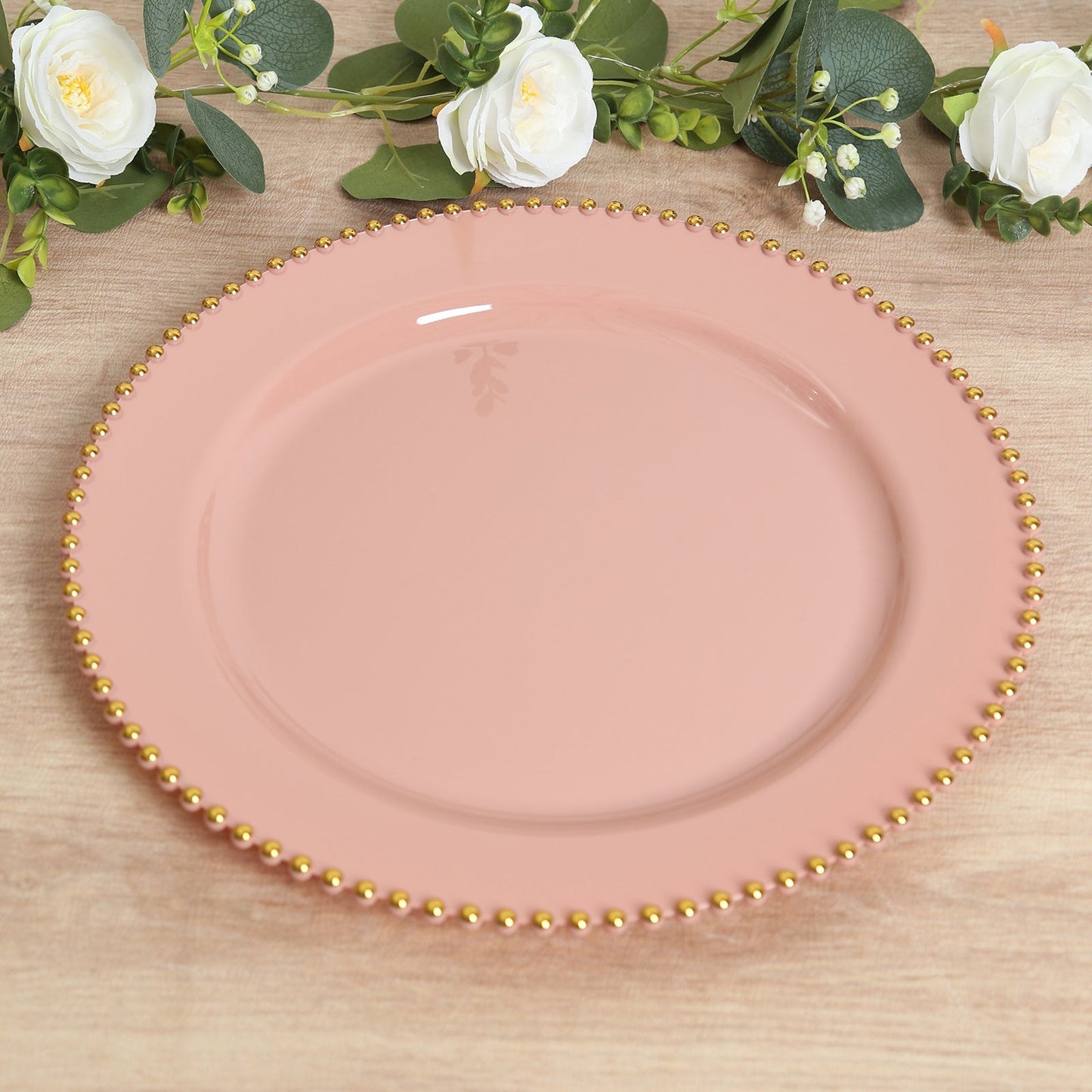 10-Pack Economy Round Plastic Charger Plates 13" in Dusty Rose with Gold Beaded Rim, Stylish Dinner Party Serving Plates