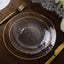 10-Pack Plastic 7" Round Dessert Appetizer Plates in Clear Hammered Design with Gold Rim - Modern Disposable Salad Plates