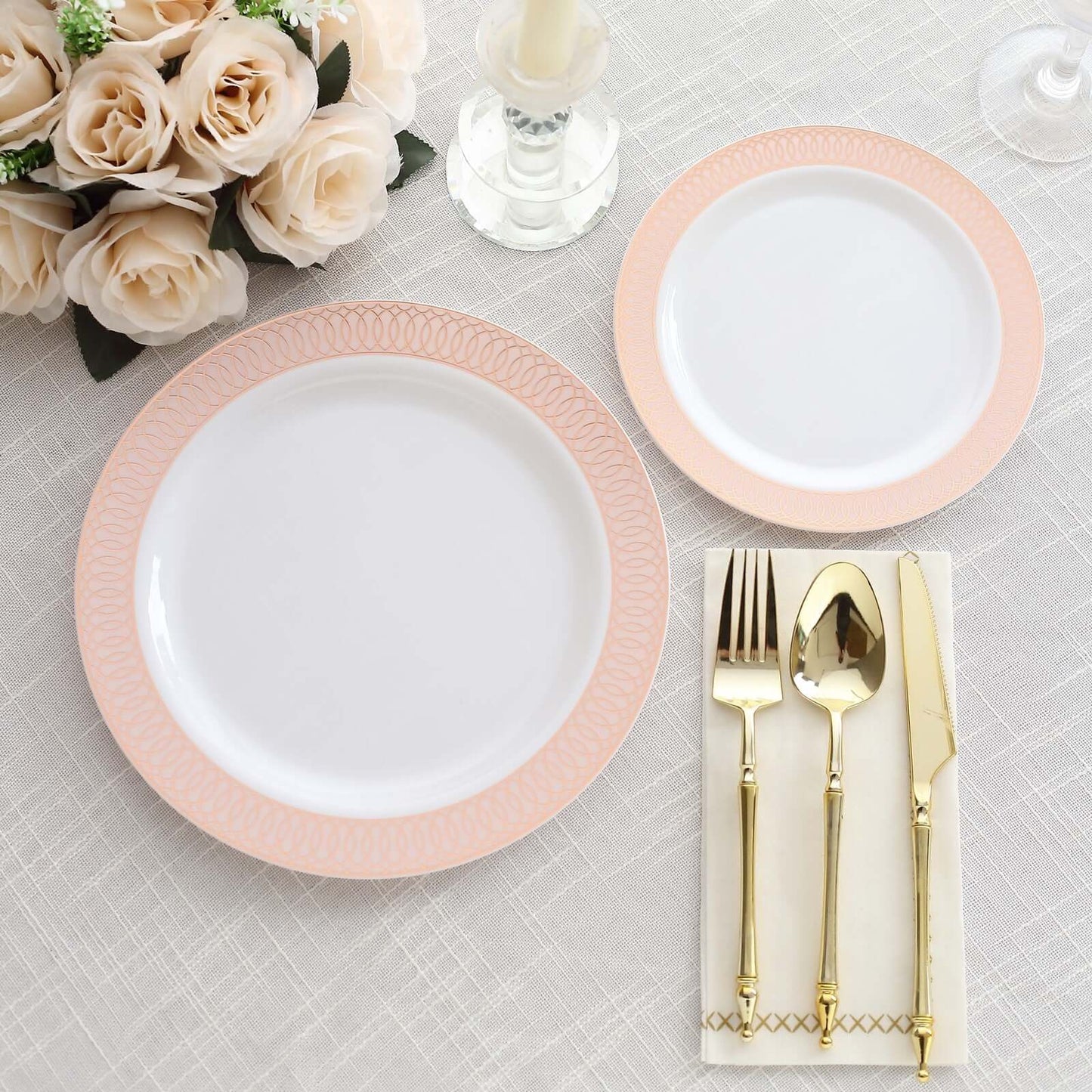 10-Pack Plastic Round Dinner Plates 10" White with Blush Rose Gold Spiral Rim - Chic Disposable Party Plates