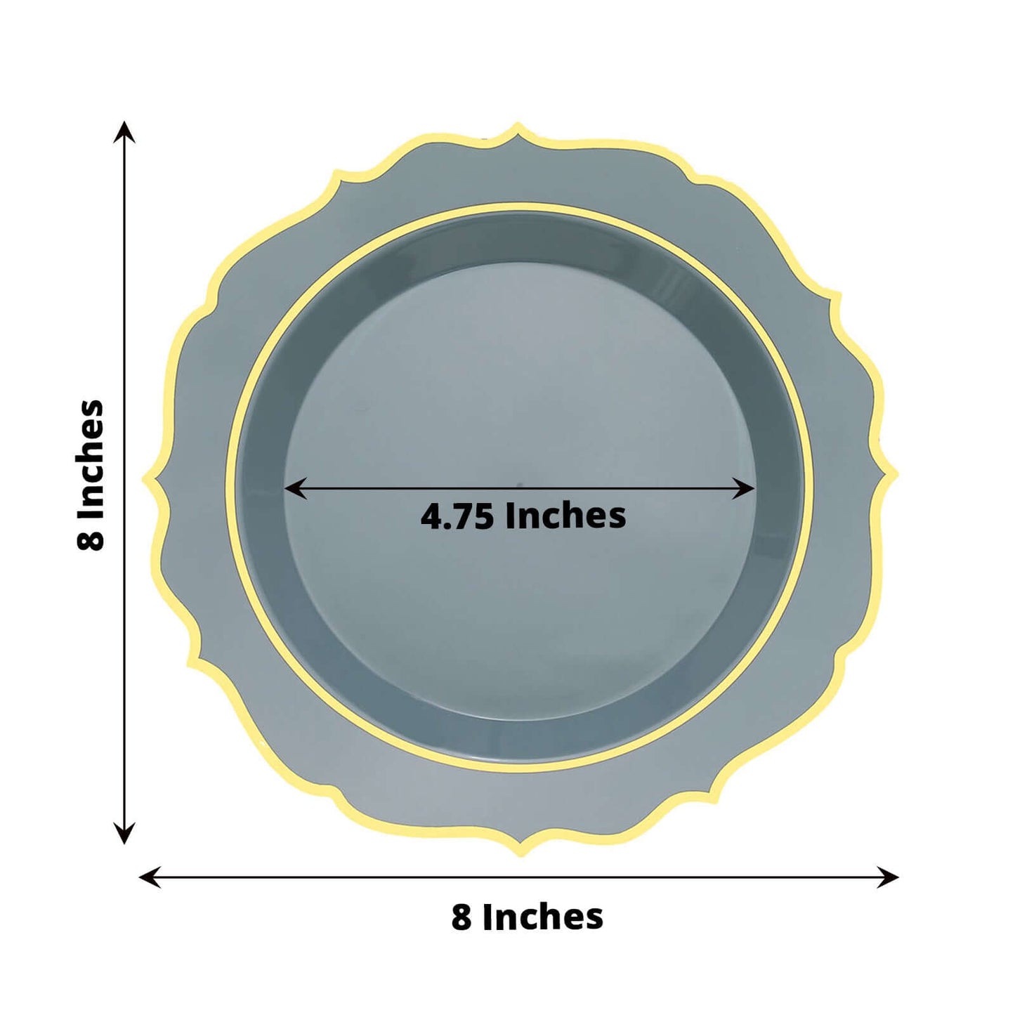 10-Pack Plastic 8" Round Dessert Plates in Dusty Blue with Gold Scalloped Rim - Disposable Appetizer/Salad Plates