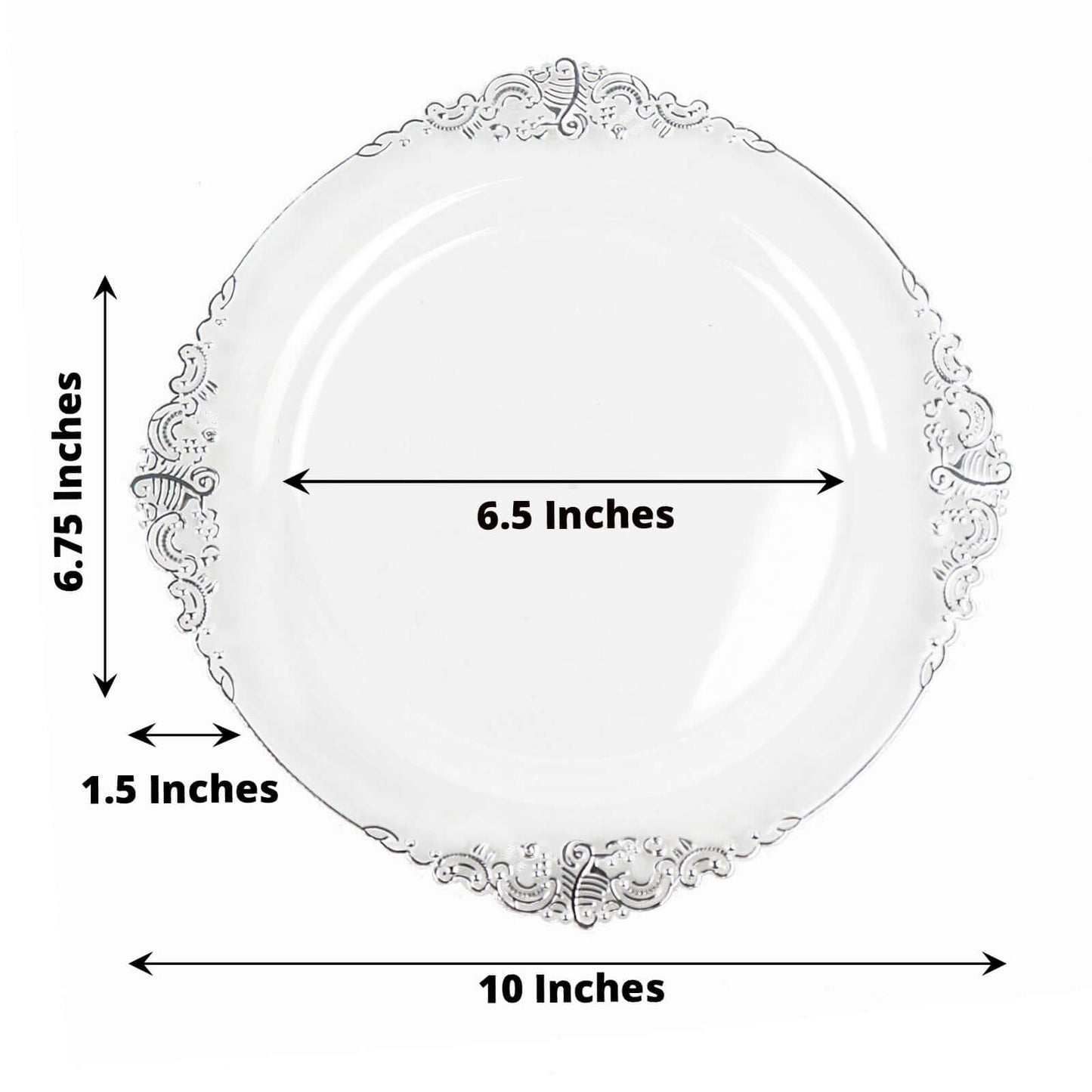 10-Pack Plastic 10" Round Dinner Plates in Clear with Silver Leaf Embossed Rim - Disposable Vintage Baroque Style Plates