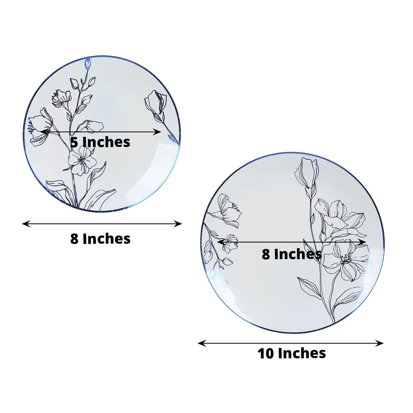 Set of 20 Plastic Round Dinner and Dessert Plates in White with Metallic Blue Floral Design - Stylish Disposable Dinnerware 8", 10"