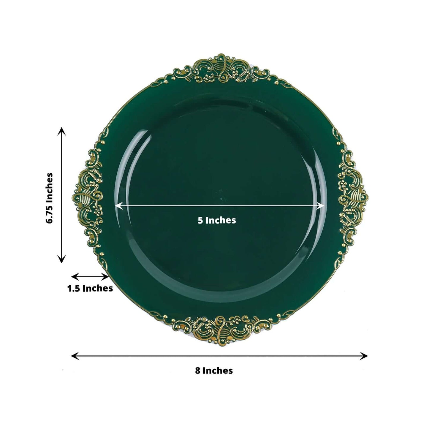10-Pack Plastic 8" Round Dessert Plates in Hunter Emerald Green with Gold Leaf Embossed Rim - Disposable Vintage Baroque Style Salad Plates