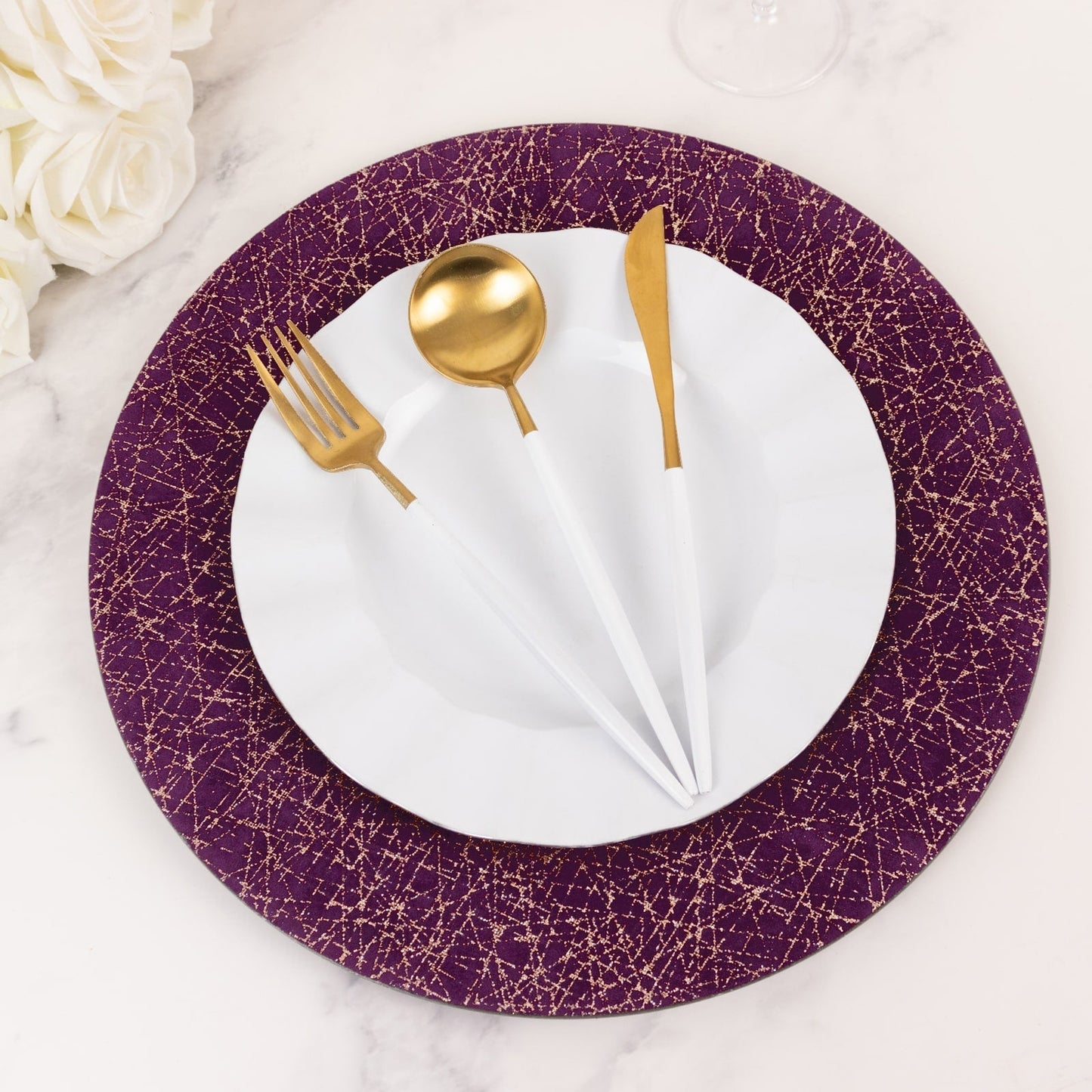 6-Pack Acrylic Round Charger Plates 13" in Purple with Gold Glitter Abstract Lines Pattern, Decorative Dinner Party Charger Tableware
