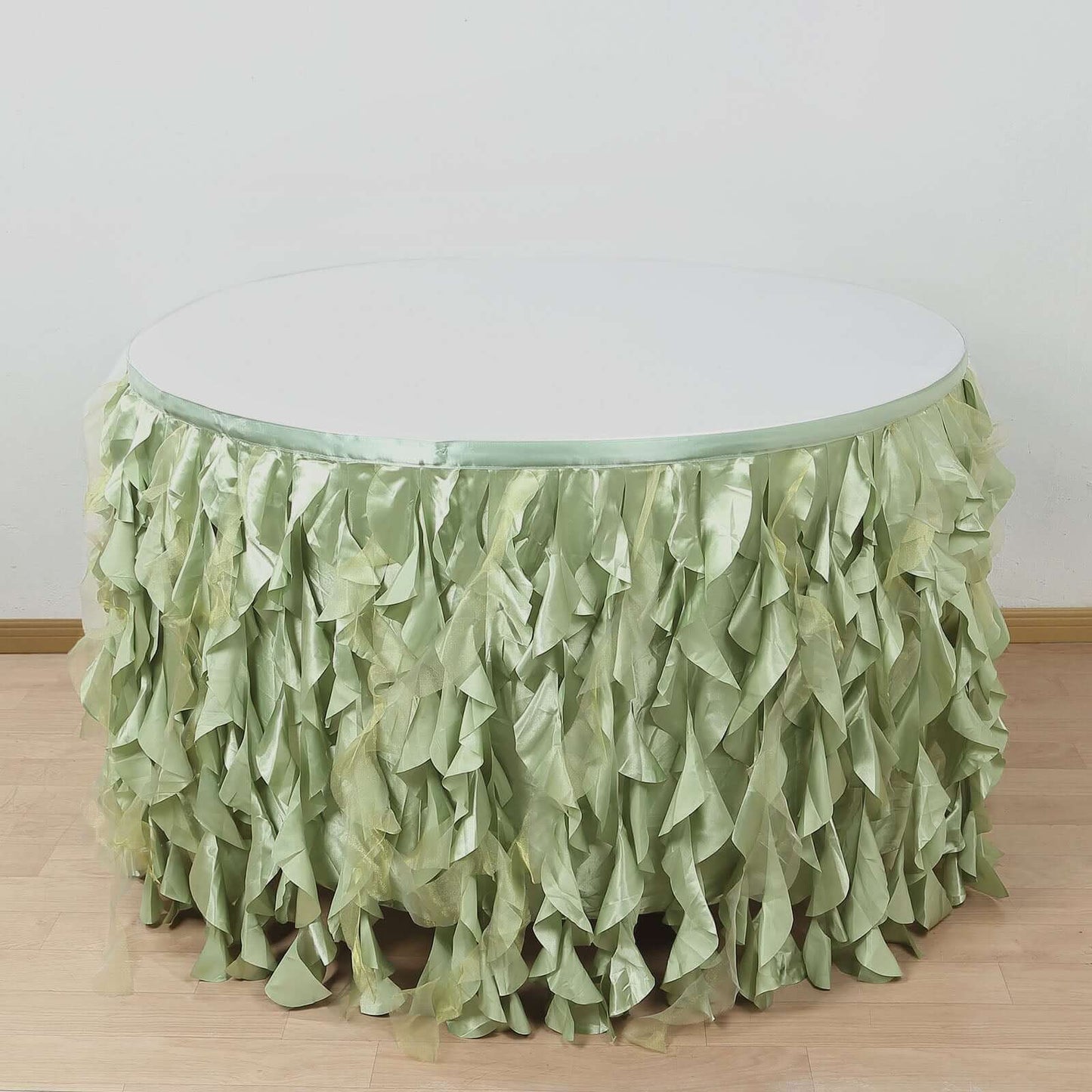 Taffeta 14ft Table Skirt Sage Green - Cascading Curly Willow Style Table Cover