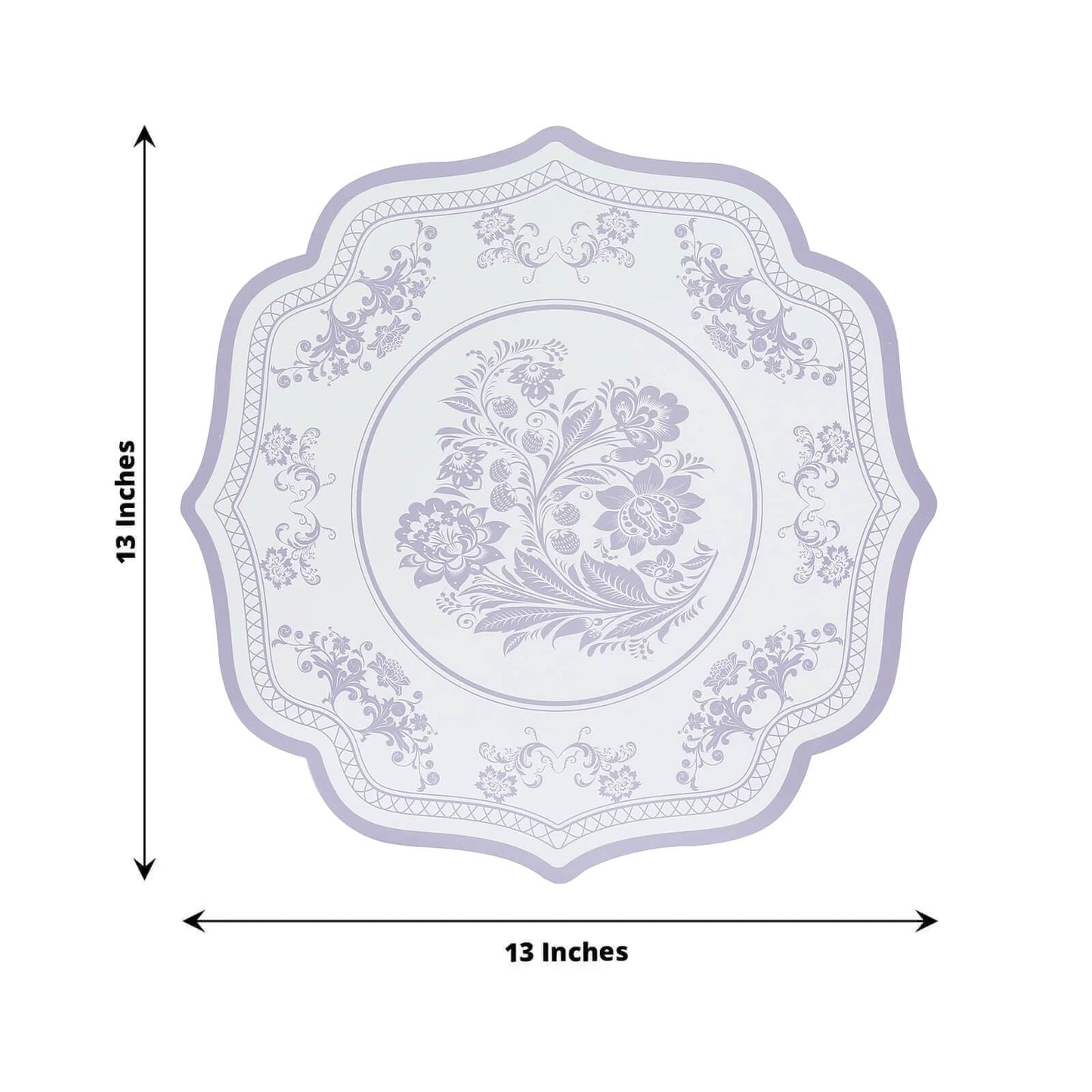10-Pack Disposable Table Placemats 13" Round Placemats in White with Lavender Damask Floral Pattern & Scalloped Rim - 400GSM Cardboard Placemats for Stylish Table Setting