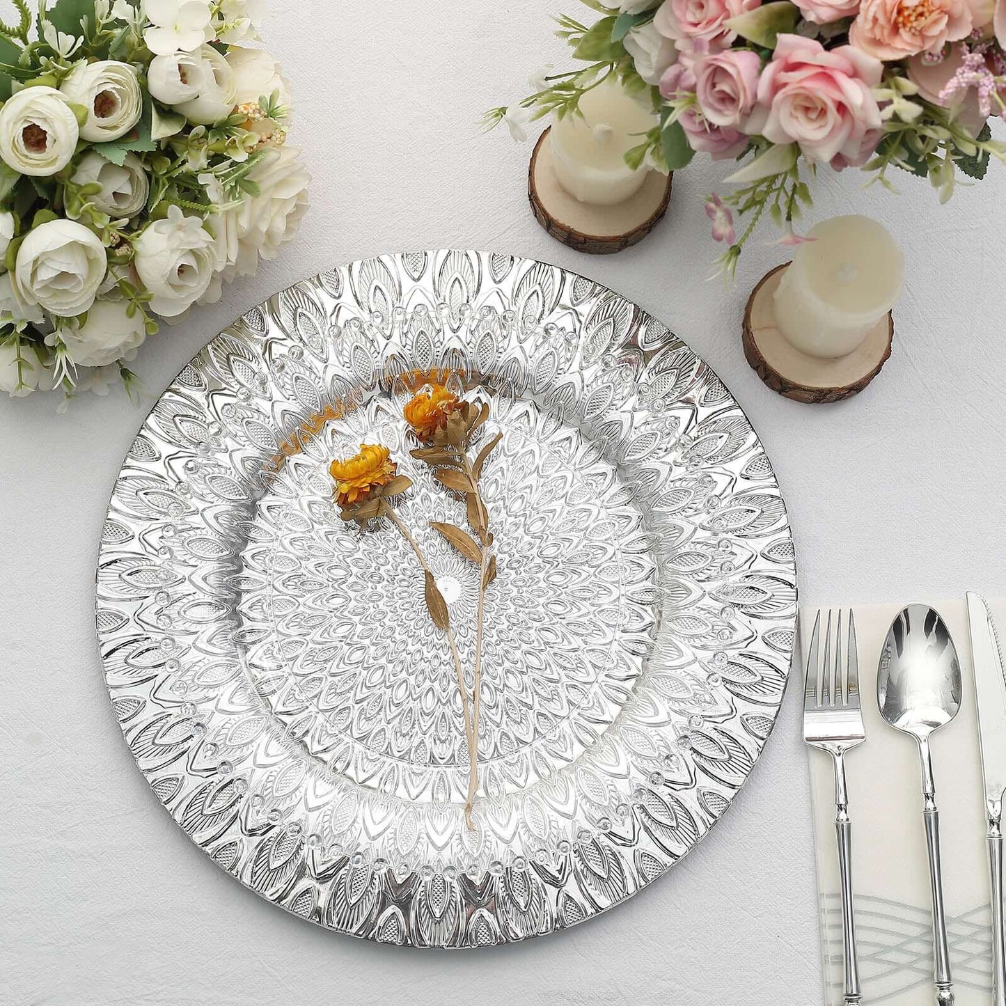 6-Pack Plastic Round Charger Plates 13" in Silver with Embossed Peacock Pattern, Stylish Disposable Charger Tableware