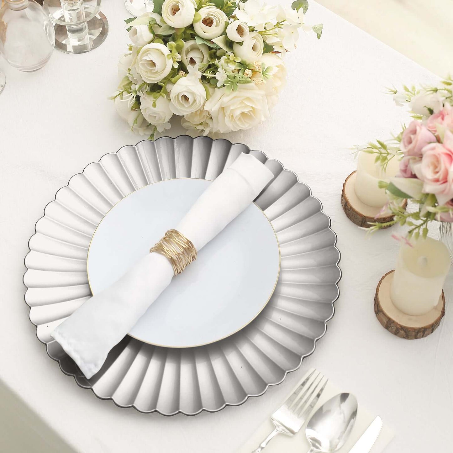 6-Pack Plastic Round Charger Plates 13" in Silver with Scalloped Shell Pattern, Coastal Inspired Disposable Charger Tableware