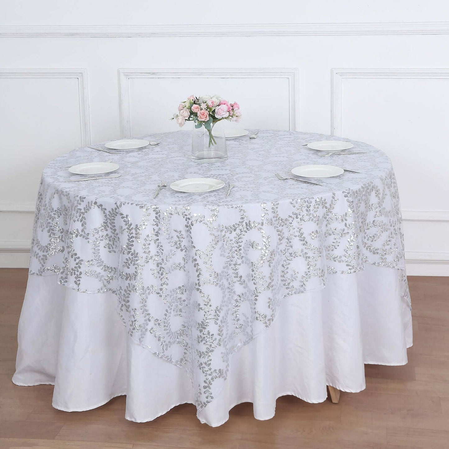 Tulle 72"x72" Table Overlay Square Tablecloth Silver - Sequin Leaf Embroidered Table Topper
