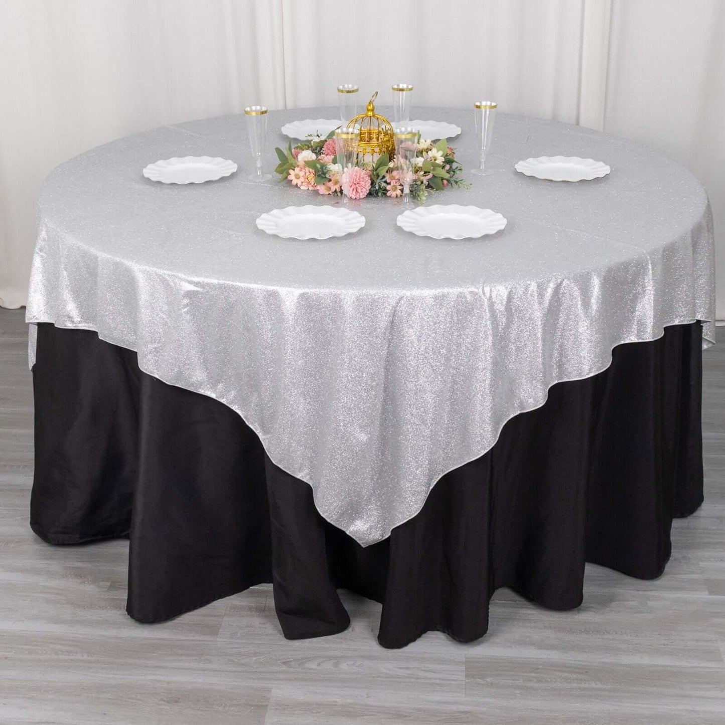 Polyester 72"x72" Table Overlay Square Tablecloth Silver - Glitter Sparkle Table Topper