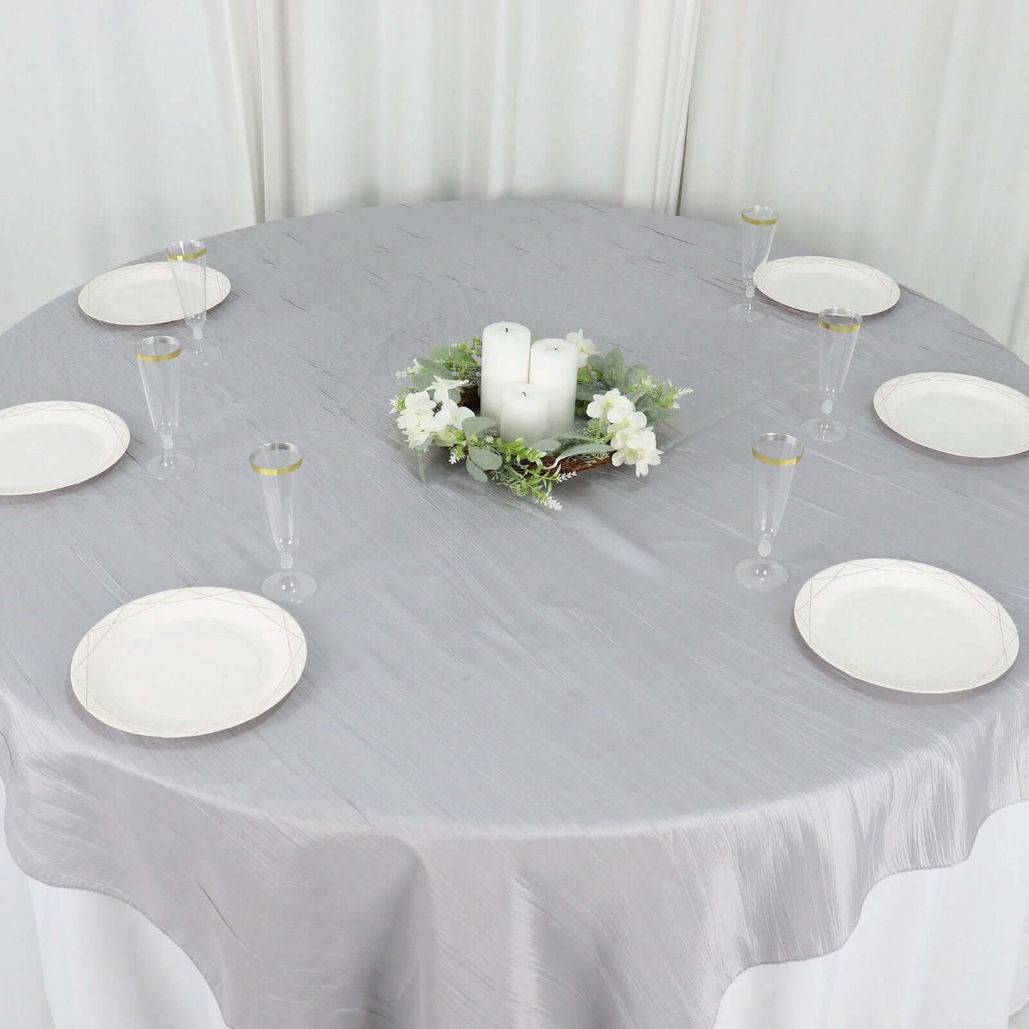 Taffeta 72"x72" Table Overlay Square Tablecloth Silver - Accordion Crinkle Table Cover