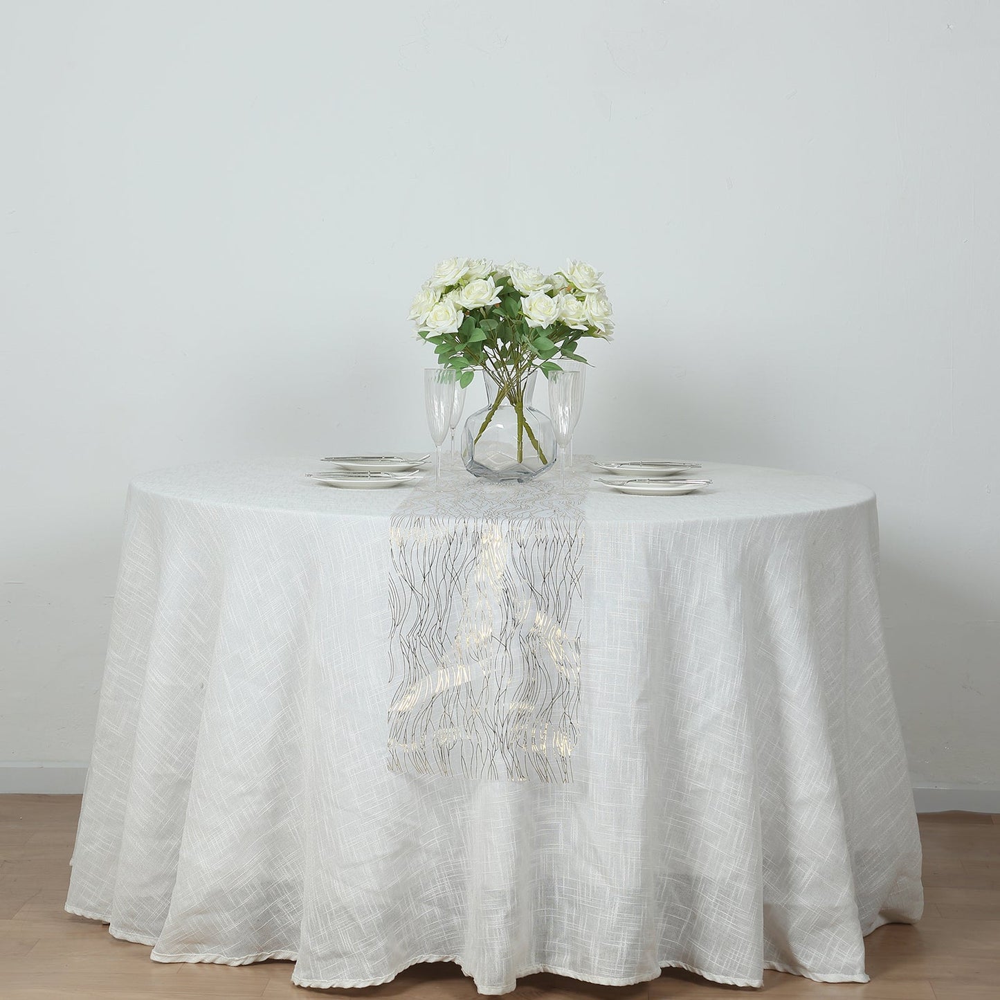 5 Pack Organza 12"x108" Table Runners White with Gold Foil Wave Design - Disposable Stylish Event Decoration