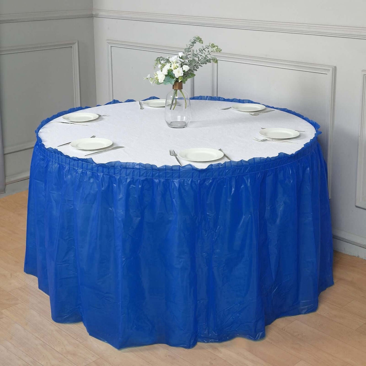 5 Pack Plastic Table Skirts Royal Blue Ruffled - Durable Disposable Skirts for Events 14ft