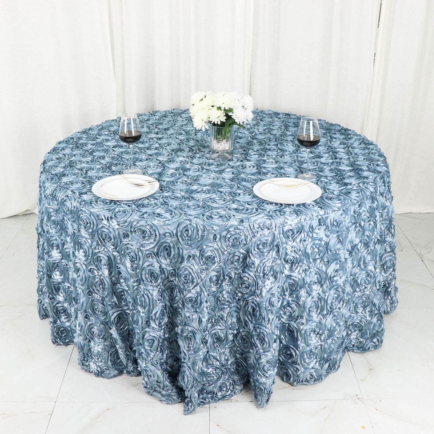 Satin 120" Round Tablecloth Dusty Blue - Grandiose 3D Rosette with Seamless Finish Table Cover