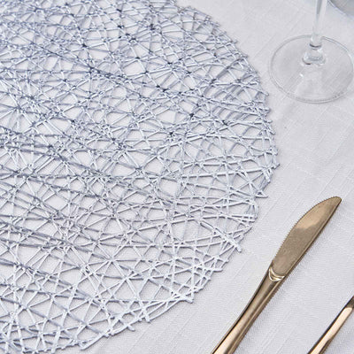 6-Pack Vinyl Placemats Silver Woven Design - Durable Non-Slip Round Table Mats for Dining 15"