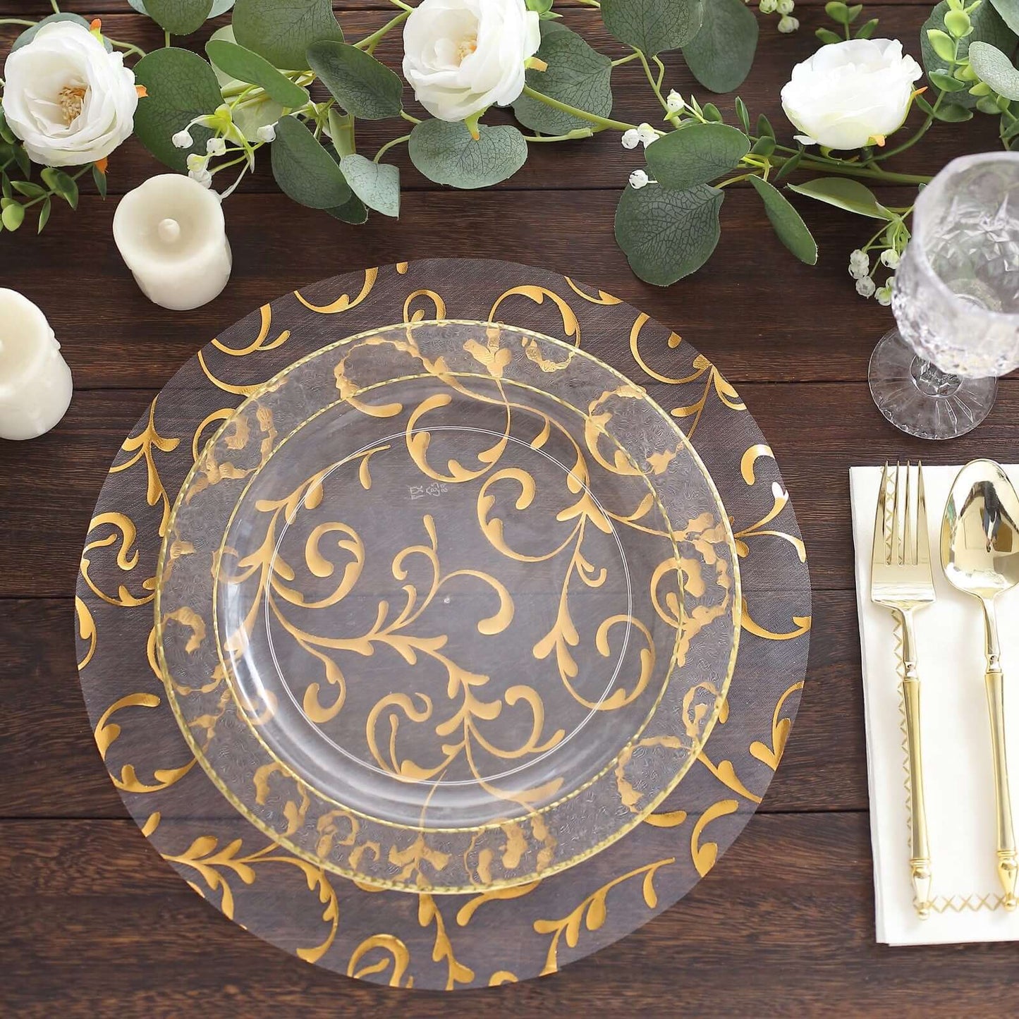 10-Pack Table Placemats Embossed Foil Flower Design Metallic Gold Round - Sheer Organza Disposable Mats 13"