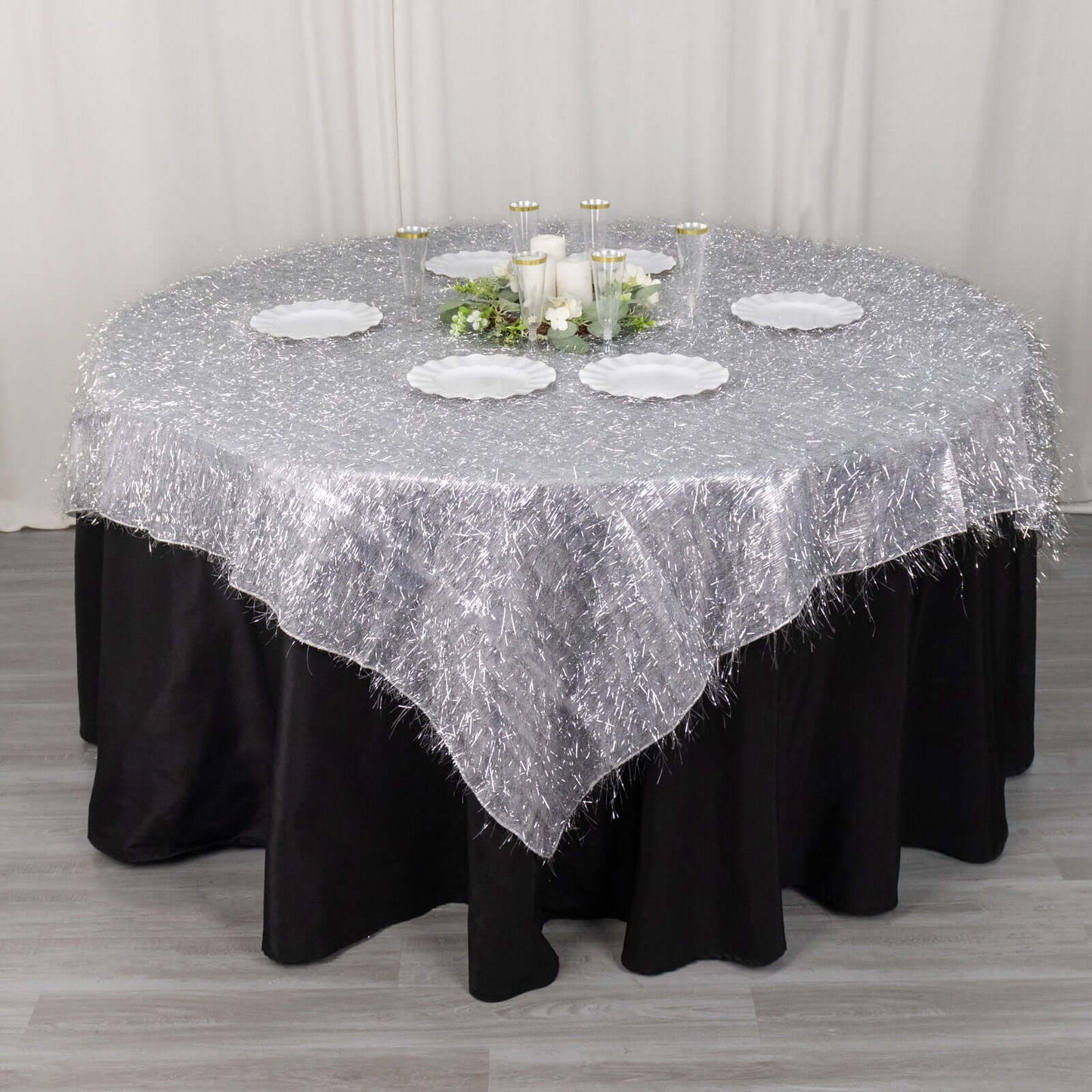 Polyester 72"x72" Table Overlay Square Tablecloth Silver - Metallic Fringe Shag Tinsel Table Cover