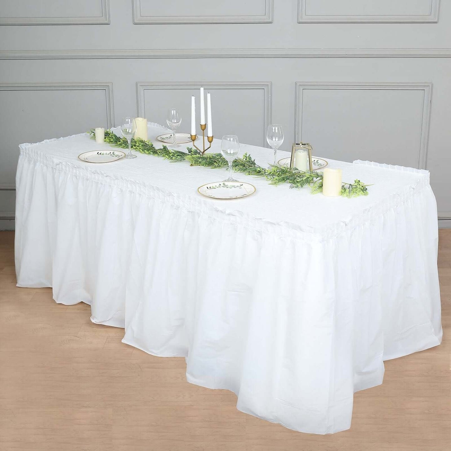 5 Pack Plastic Table Skirts White Ruffled - Durable Disposable Skirts for Events 14ft