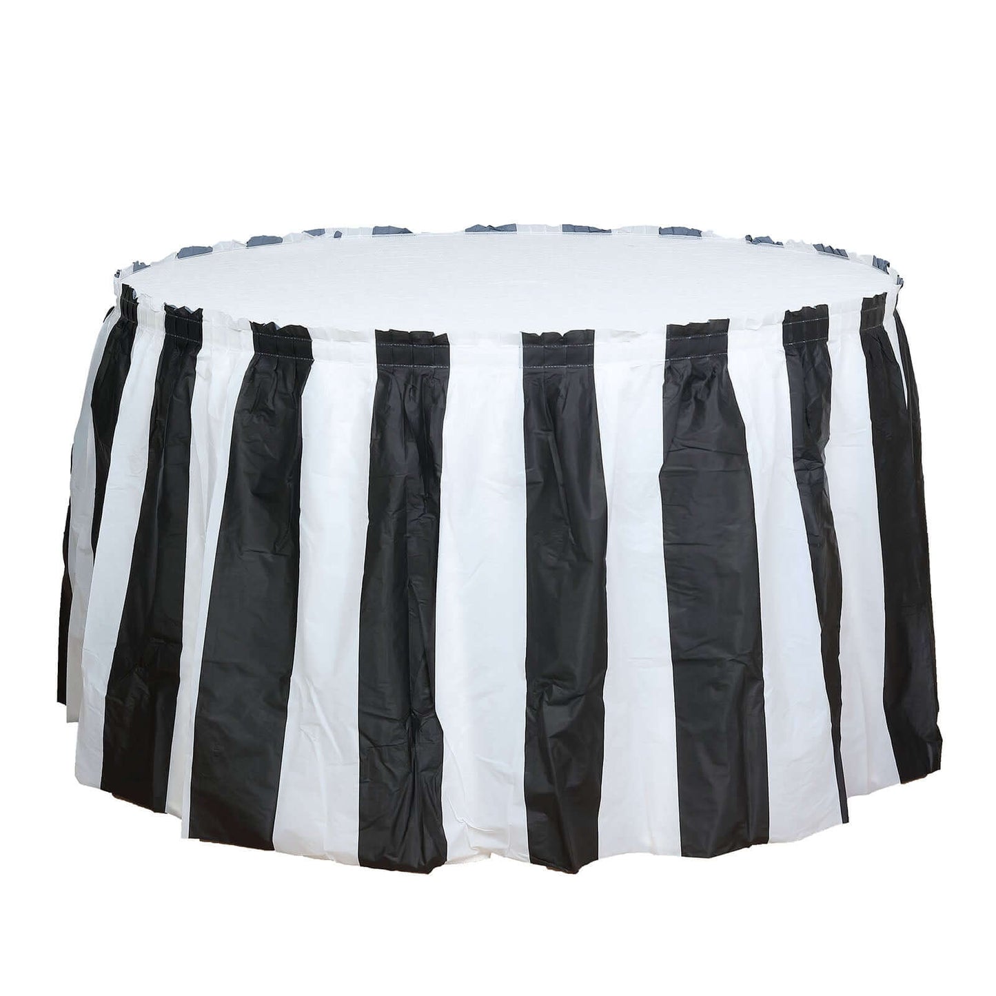 Plastic Table Skirt White/Black Stripe - Reliable Disposable Skirt for Parties 14ft 10 Mil