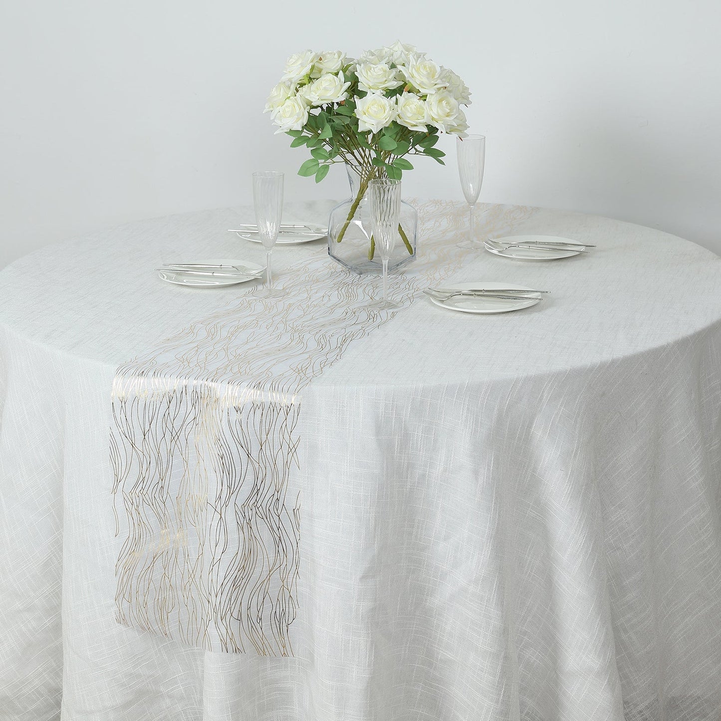 5 Pack Organza 12"x108" Table Runners White with Gold Foil Wave Design - Disposable Stylish Event Decoration
