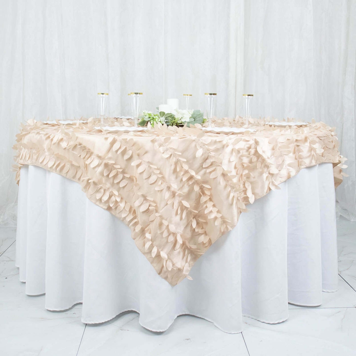 Taffeta 72"x72" Table Overlay Square Tablecloth Beige - 3D Leaf Petal Table Cover