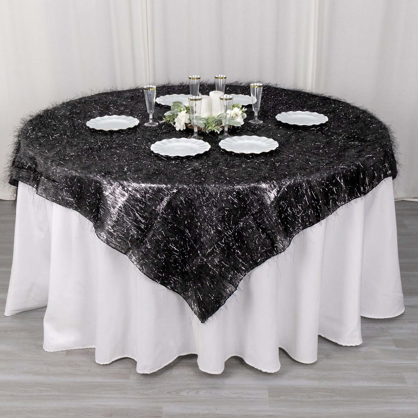 Polyester 72"x72" Table Overlay Square Tablecloth Black - Metallic Fringe Shag Tinsel Table Cover