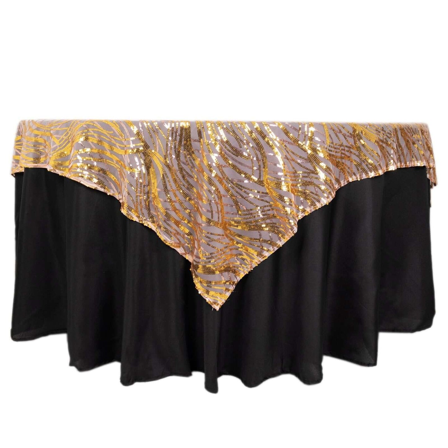 Mesh 72"x72" Table Overlay Square Tablecloth Rose Gold/Gold - Wave Embroidered Sequins Table Topper