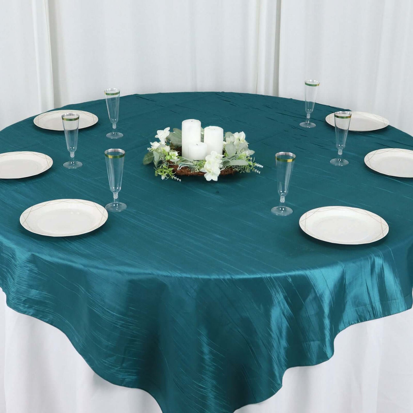 Taffeta 72"x72" Table Overlay Square Tablecloth Peacock Teal - Accordion Crinkle Table Cover