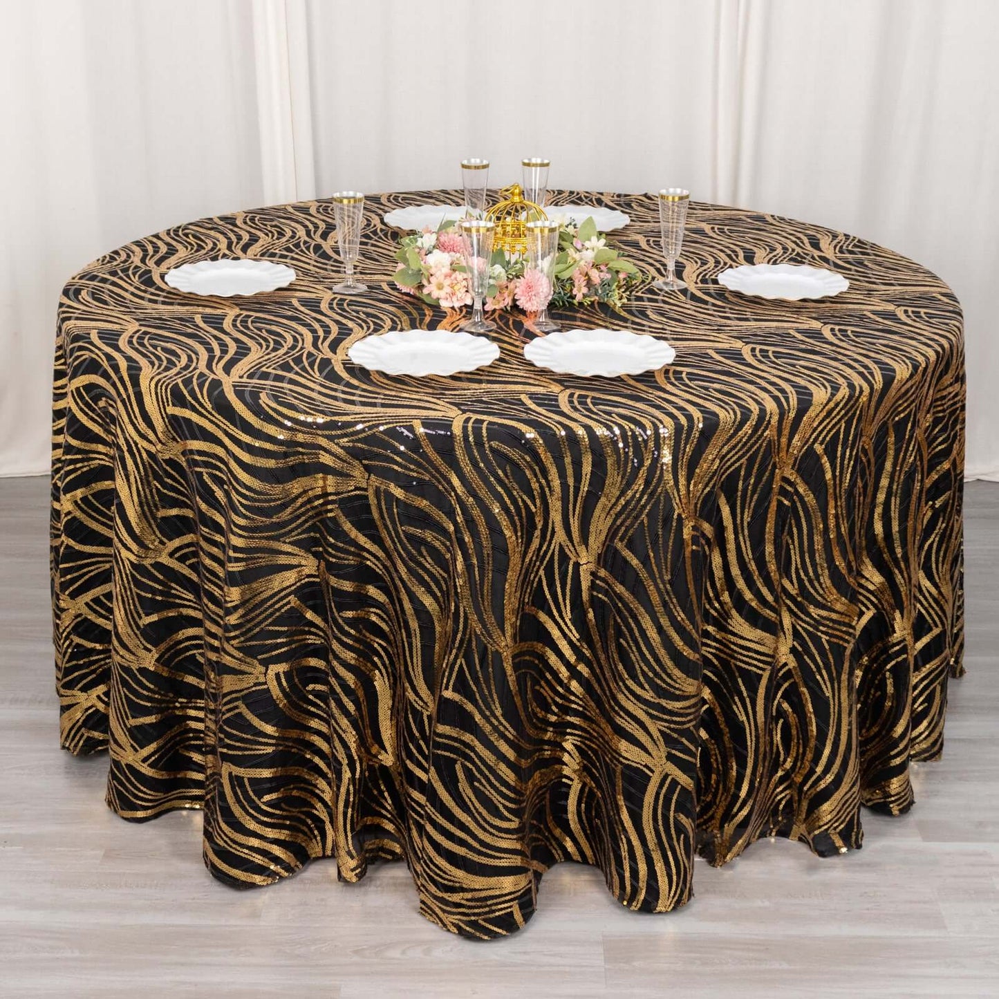 Sequin Mesh 120" Round Tablecloth Black/Gold - Seamless Wave Embroidered Table Cover