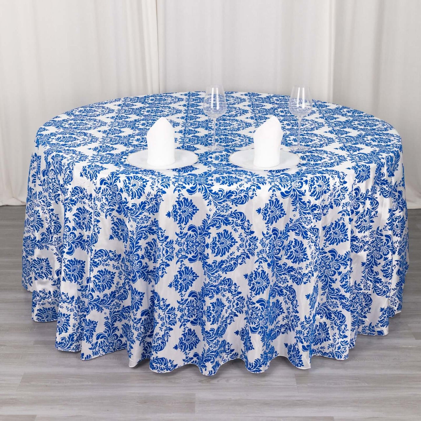 Taffeta 120" Round Tablecloth Royal Blue - Seamless Velvet Flocking Damask Table Cover