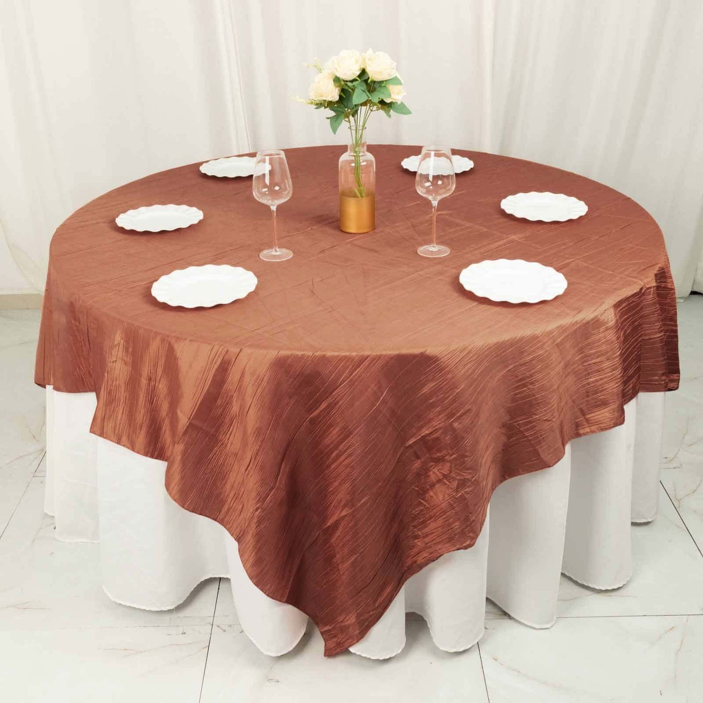 Taffeta 90"x90" Table Overlay Square Tablecloth Terracotta (Rust) - Accordion Crinkle Table Cover