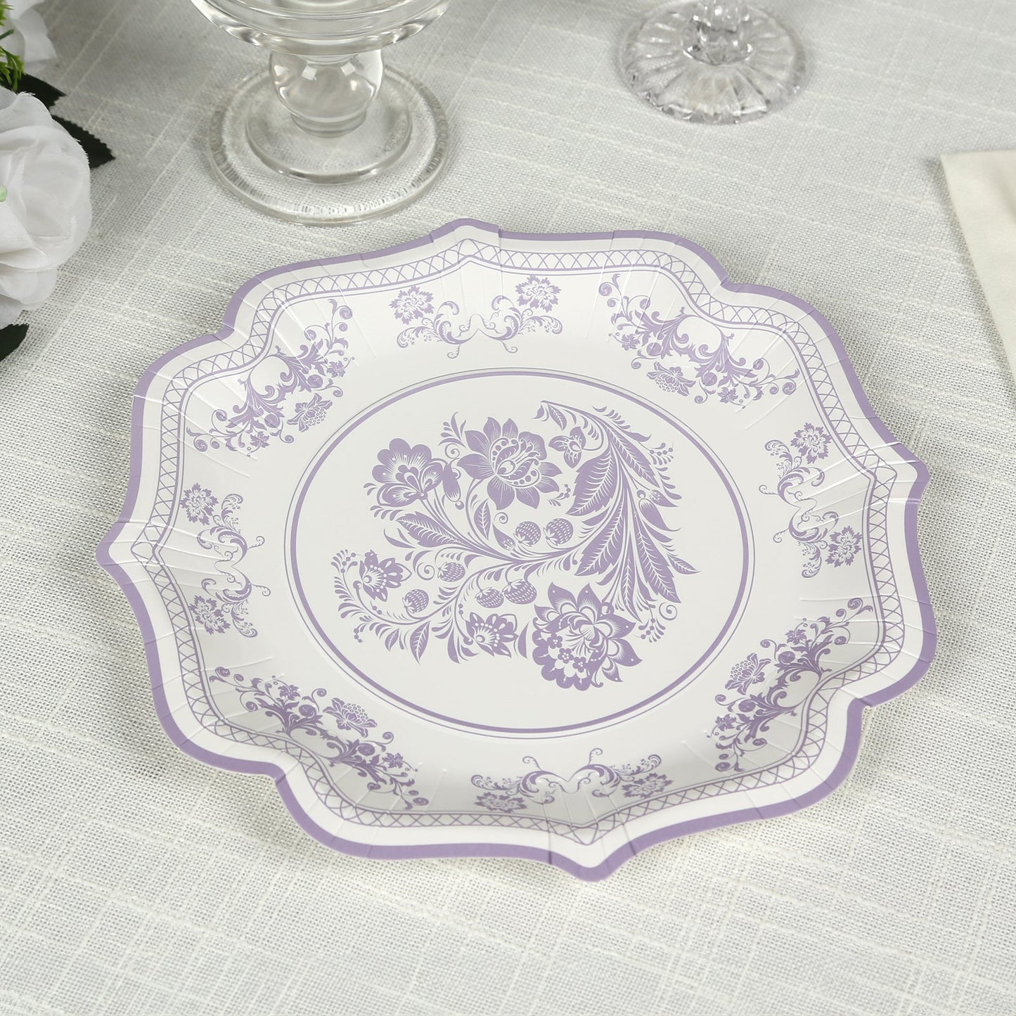 25-Pack Paper Dessert Plates in White with Lavender Lilac Damask Floral Print & Scallop Rim - Stylish Disposable 300GSM Floral Salad Appetizer Plates 8"