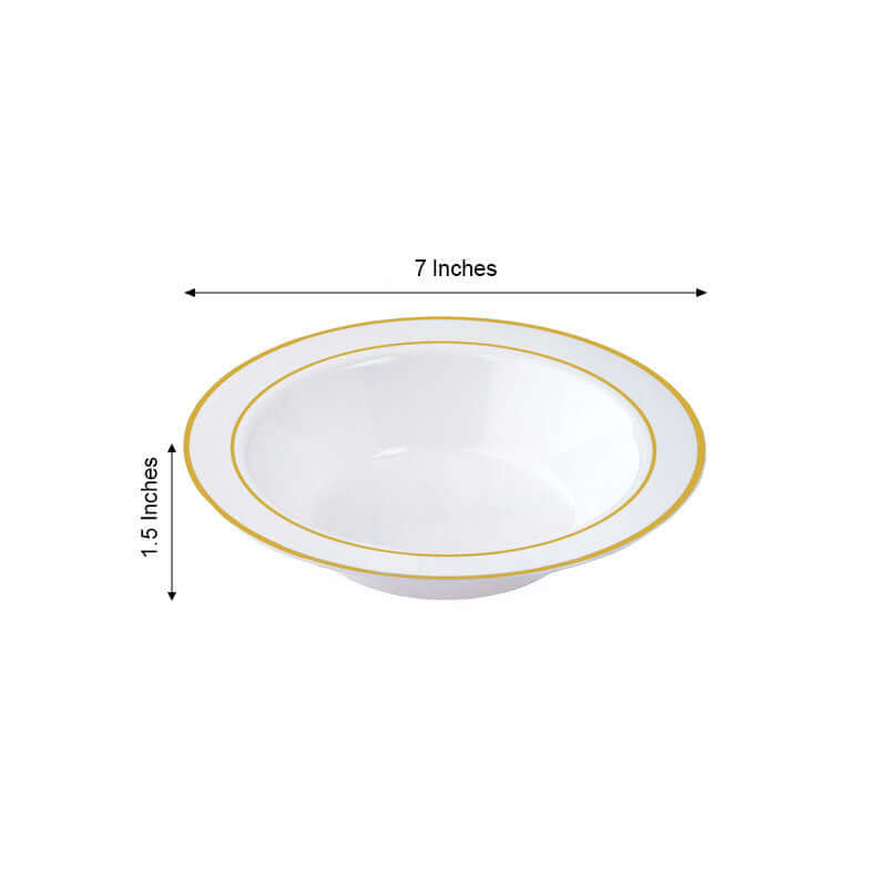 10-Pack Plastic Soup Bowls White with Gold Rim - Stylish Disposable Bowls for Parties 12oz