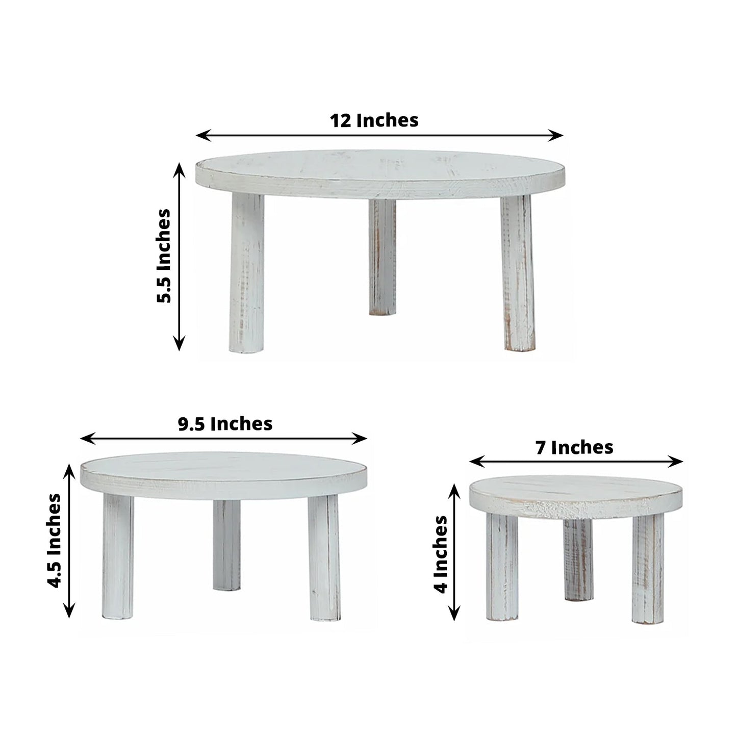 Set of 3 Wooden Pedestal Cake Stands Whitewash with Removable Legs - Stackable Round Rustic Plant Risers 7", 9.5", 12"