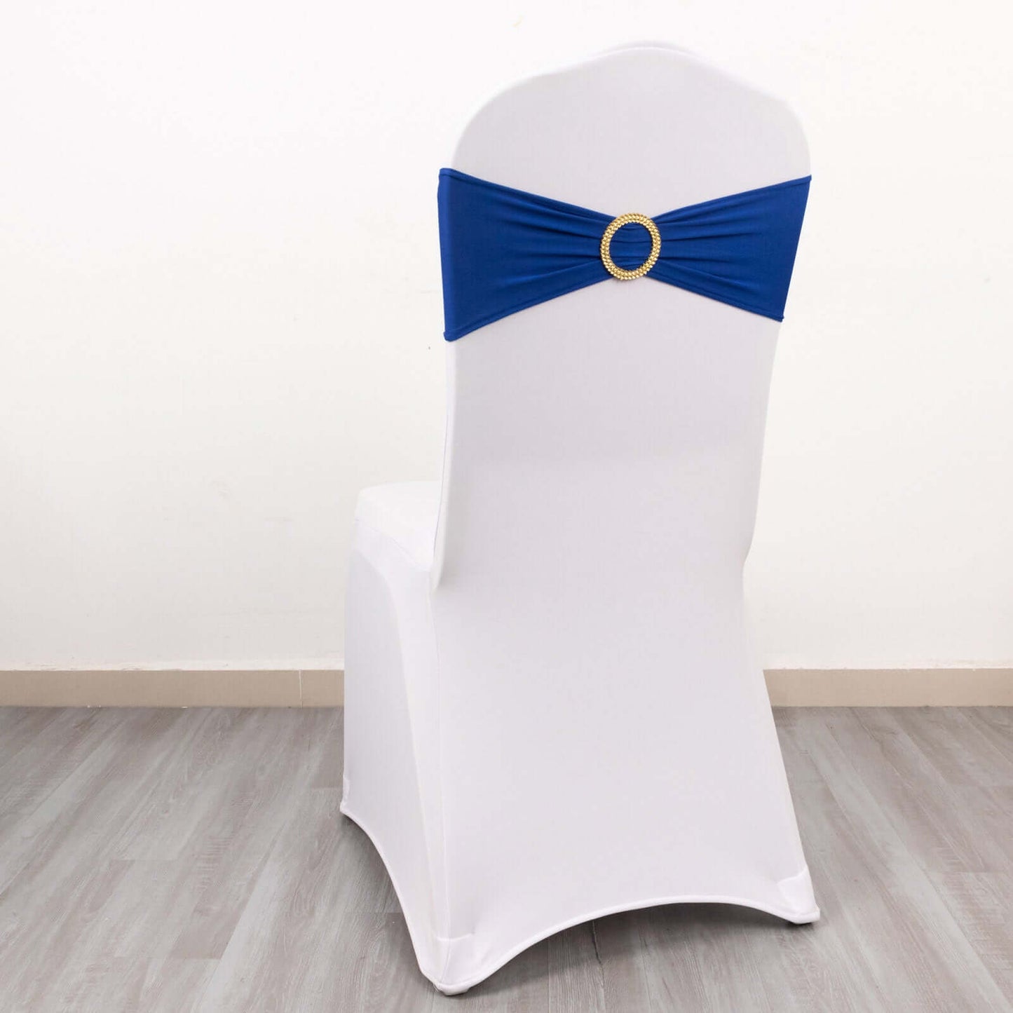 5 Pack Spandex Chair Sashes Royal Blue with Gold Rhinestone Buckles - Reusable Four-Way Stretch Sash Bands 5"x14"