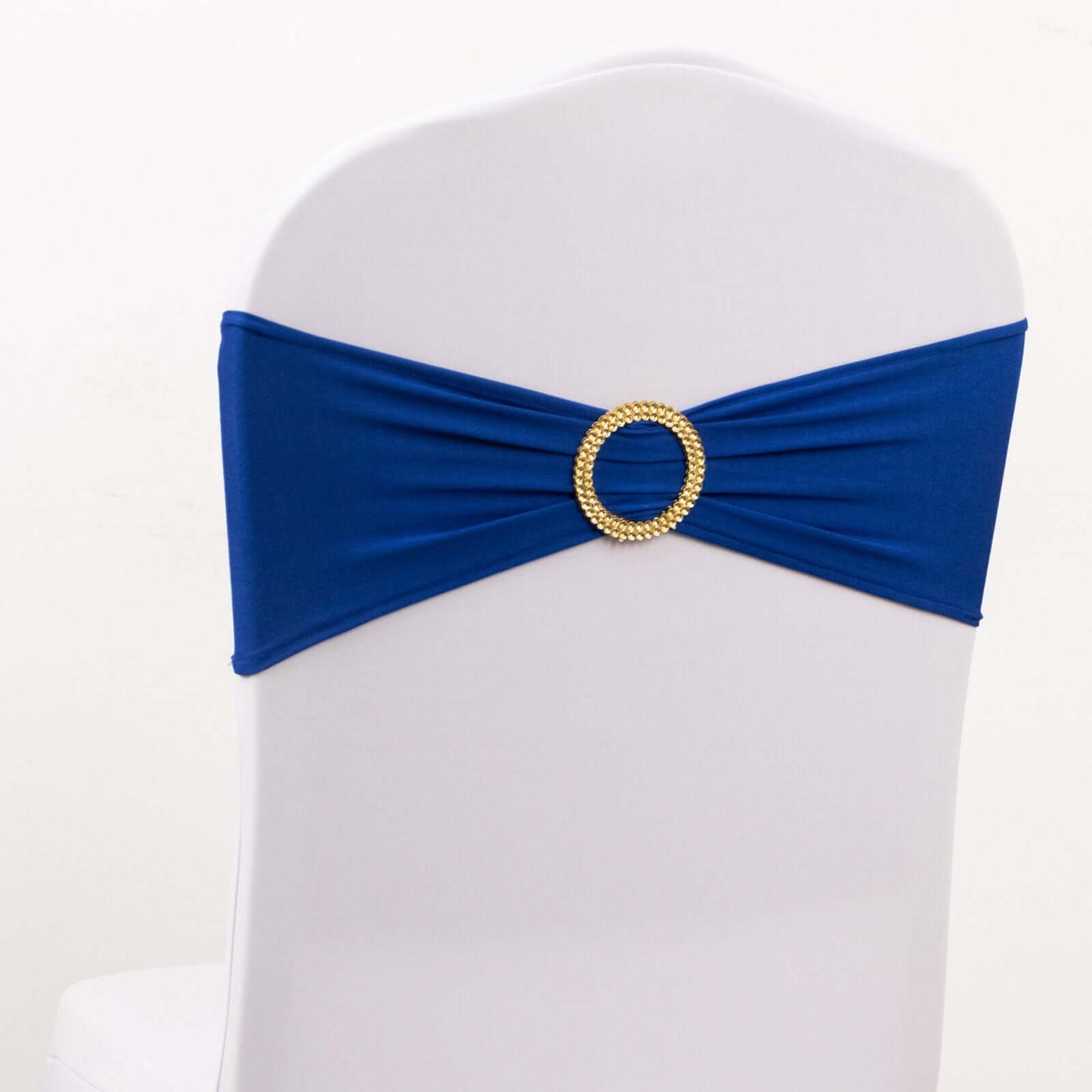 5 Pack Spandex Chair Sashes Royal Blue with Gold Rhinestone Buckles - Reusable Four-Way Stretch Sash Bands 5"x14"