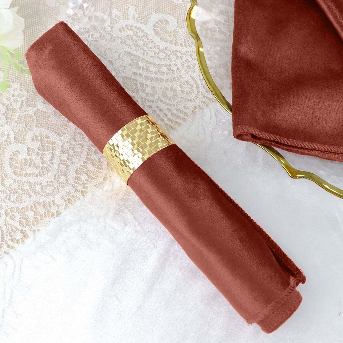 5 Pack Premium Velvet 20"x20" Napkins Terracotta (Rust) - Soft Sheen Finish Cloth Napkins