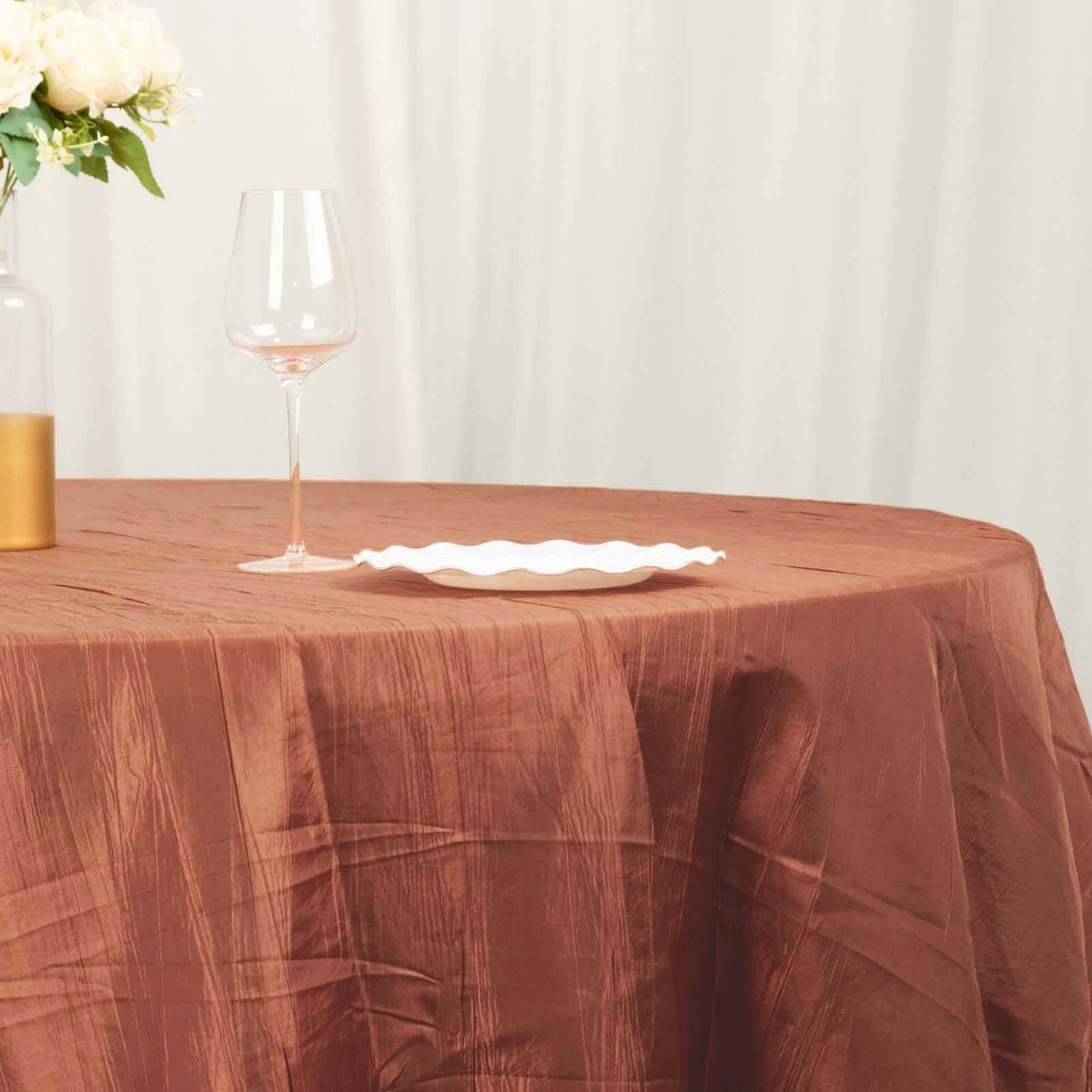 Taffeta 120" Round Tablecloth Terracotta (Rust) - Seamless Accordion Crinkle Table Cover
