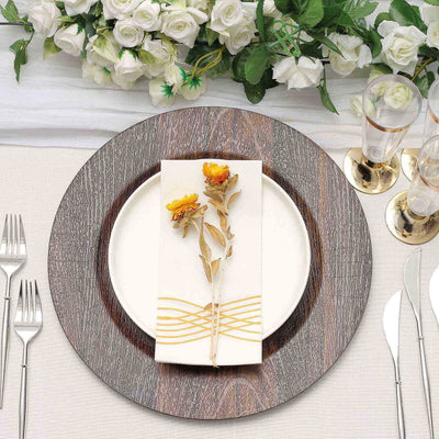 6-Pack Plastic Round Charger Plates 13" in Dark Brown with Faux Wood Finish, Rustic Boho Chic Dinner Party Charger Tableware