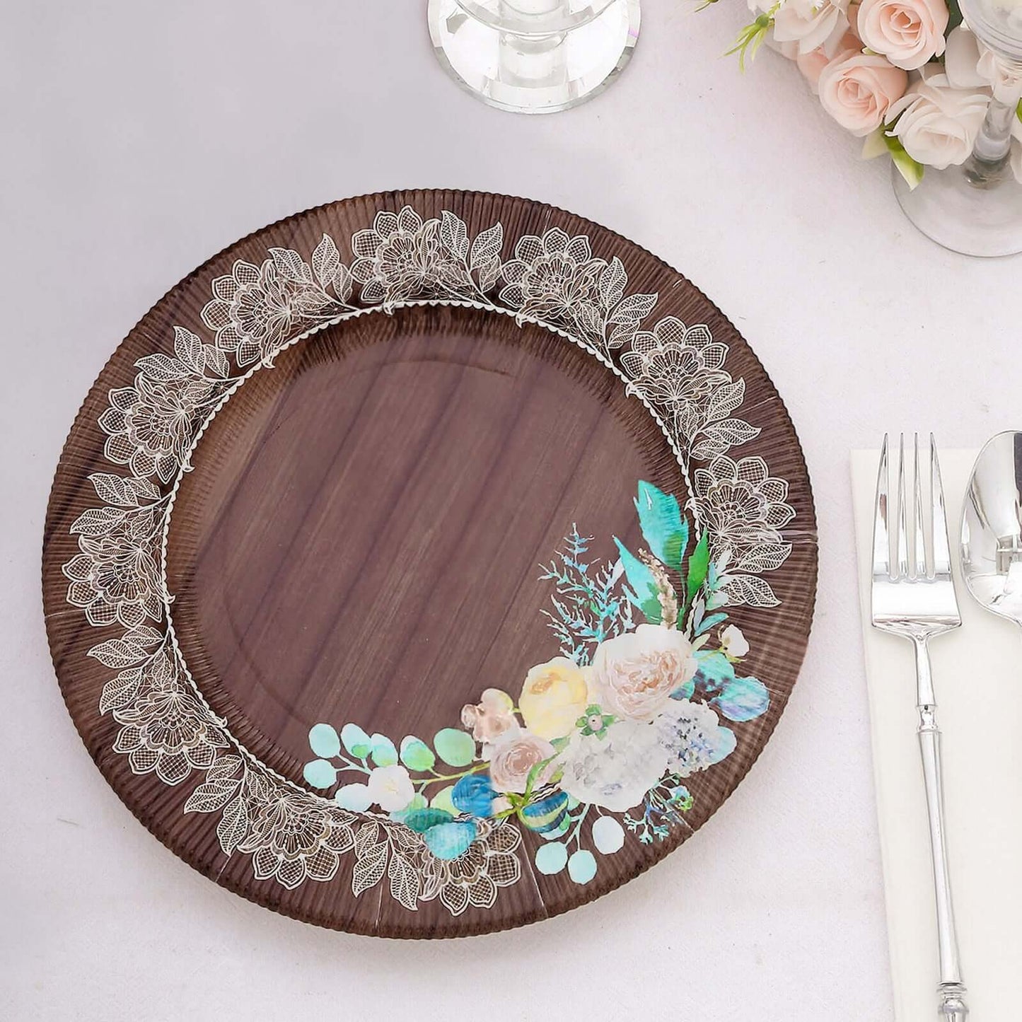25-Pack Disposable Round Charger Plates in Brown Rustic Wood Print with Floral Lace Rim - Durable Paper Chargers for Rustic Themes & Outdoor Events 13"