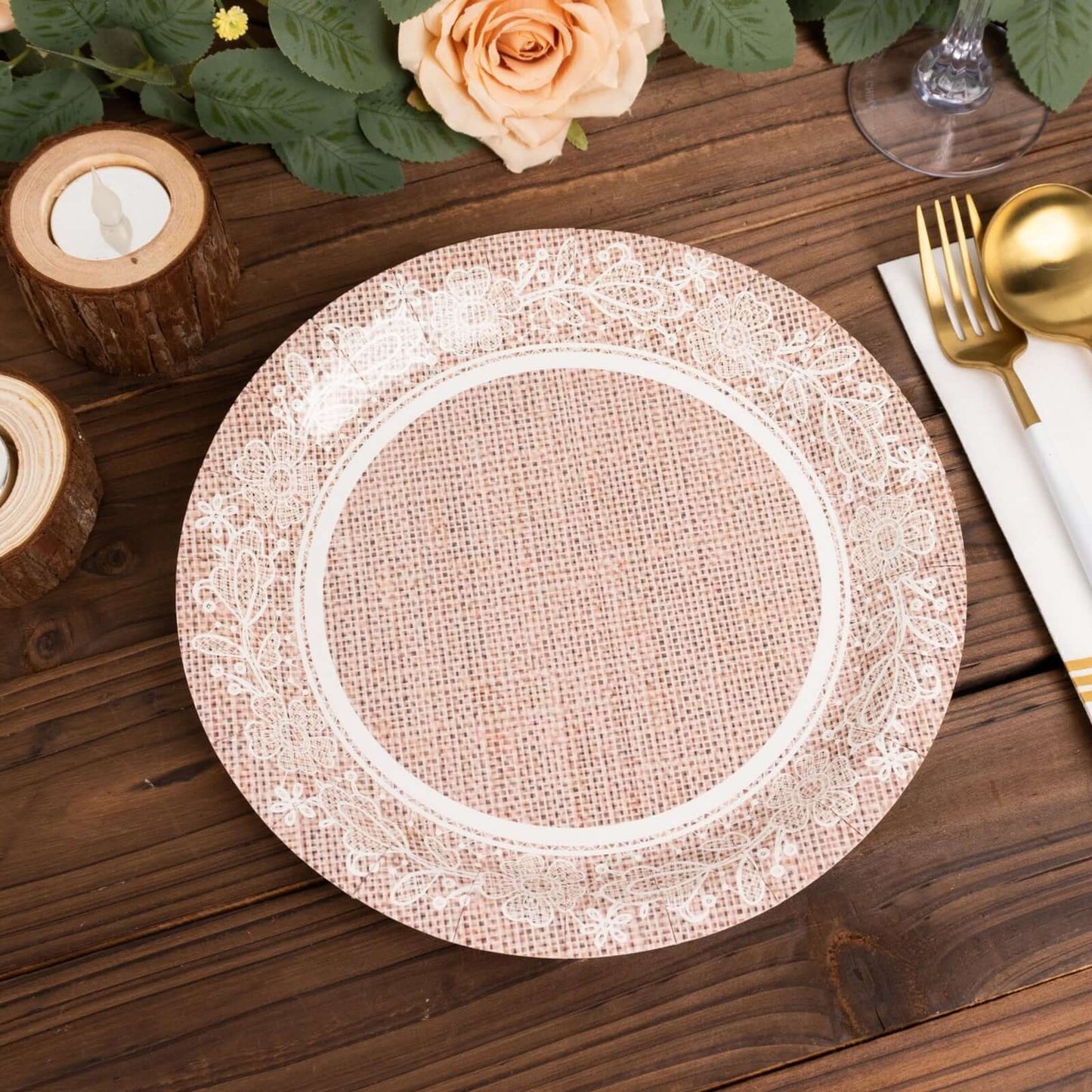 25-Pack Paper 9" Round Dinner Plates in Natural Burlap Print with White Floral Lace Rim - Rustic Farmhouse Inspired Disposable Party Plates