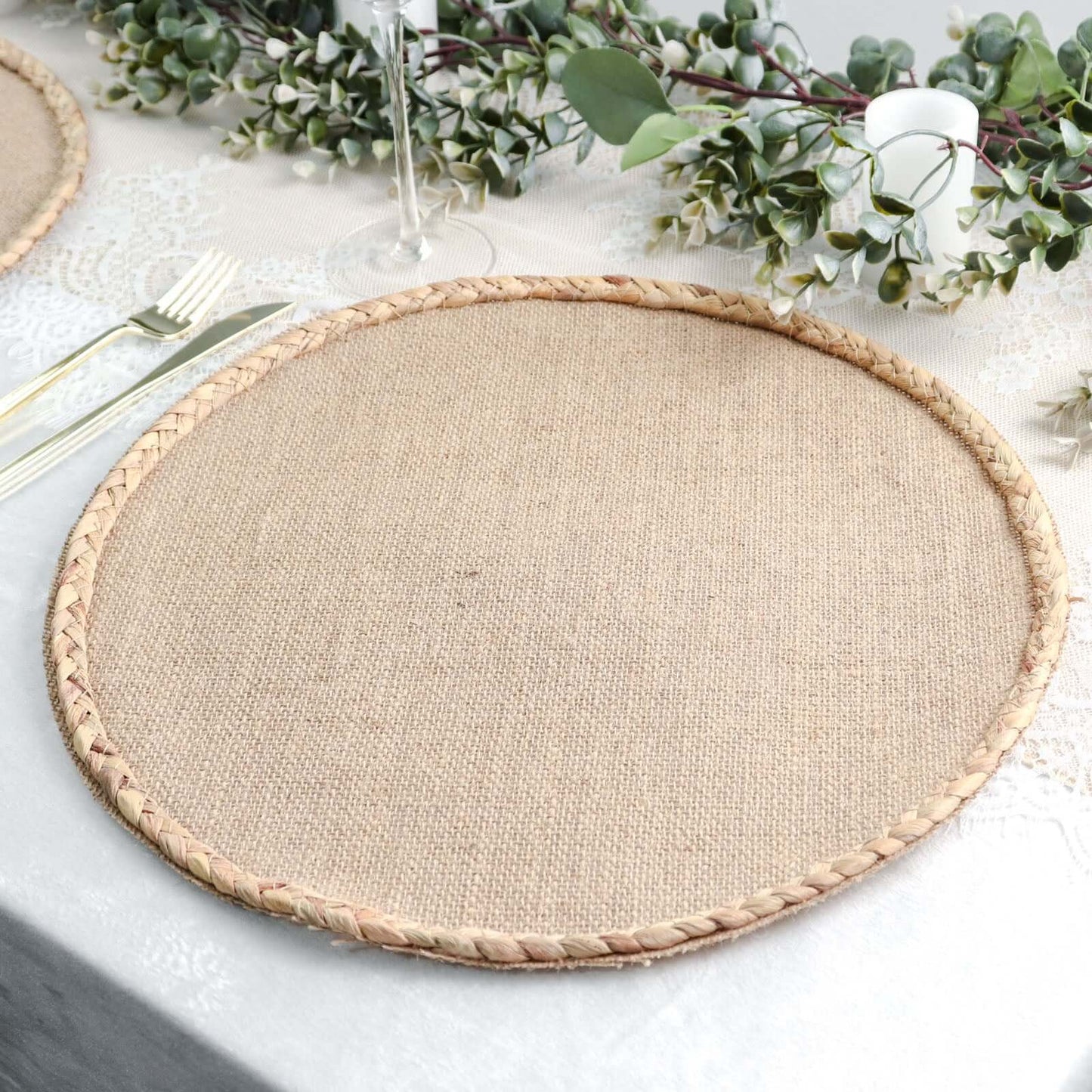 4-Pack Placemats Braided Edge Design Natural Burlap Jute Round - Rustic Farmhouse Style with Trim 15"