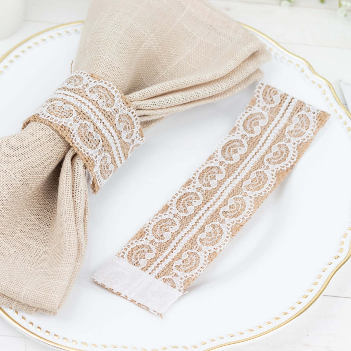 6 Pack Rustic Boho Chic Burlap and Lace Napkin Rings, Farmhouse Style Jute Serviette Buckles Holder
