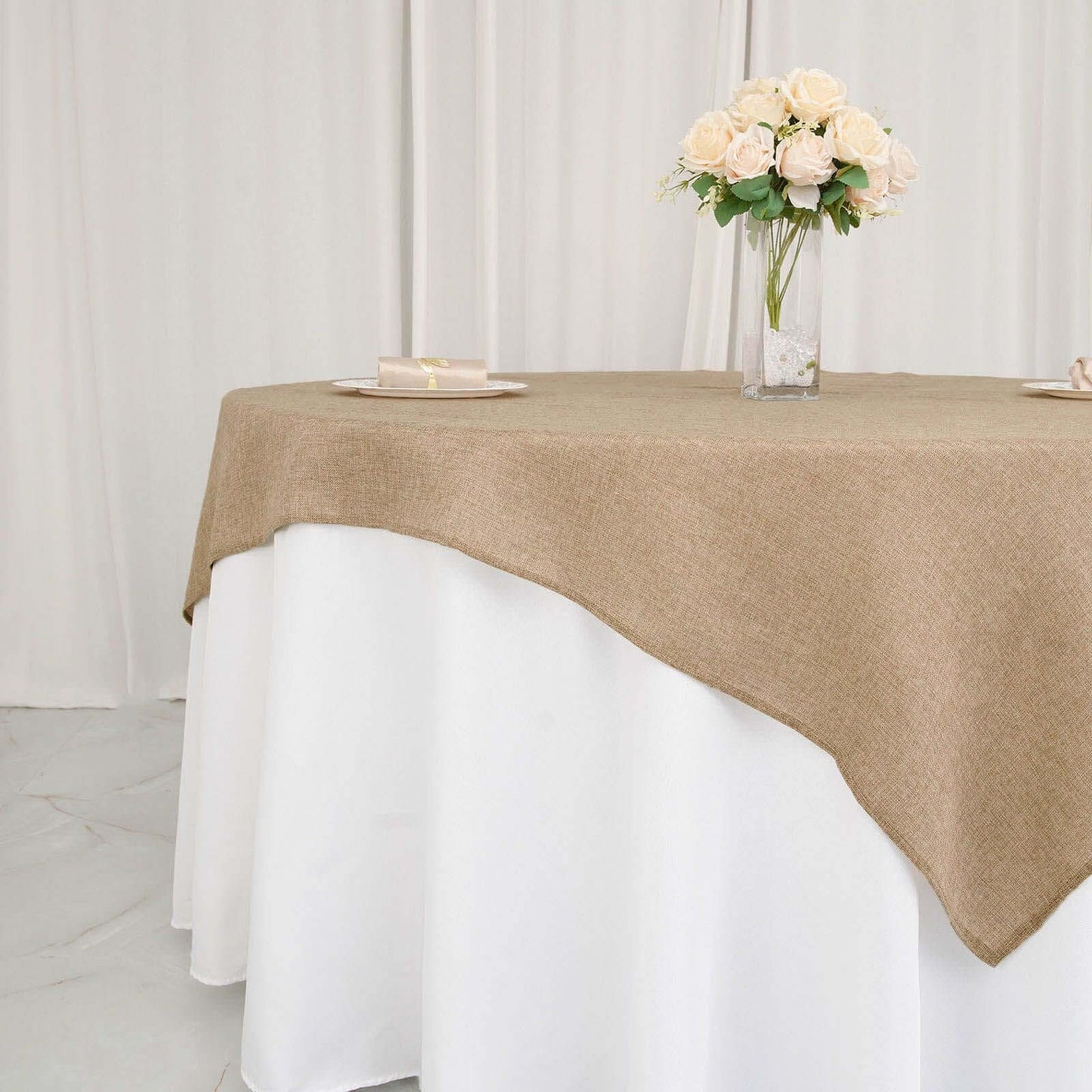 Burlap 72"x72" Faux Jute Table Overlay Square Tablecloth Natural - Boho Chic Design for Vintage Celebrations
