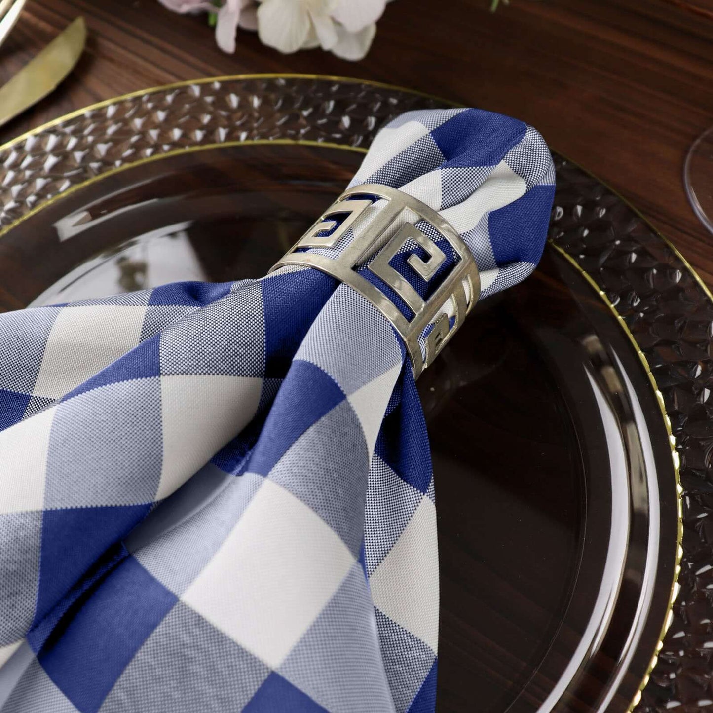 5 Pack Polyester 15"x15" Napkins Navy Blue/White Buffalo Plaid Gingham Style Cloth Napkins