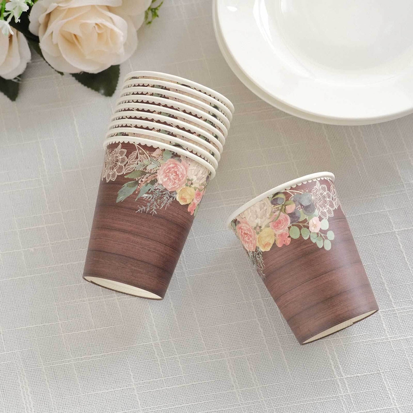 24-Pack Paper Cups 9oz Brown Wood Print with Floral Lace Rim - Chic Disposable Party Cups for Rustic Decor & Themed Parties