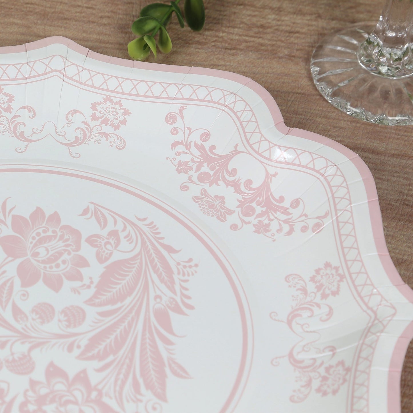 25-Pack Paper Dinner Plates in White Pink Damask Floral Pattern & Scallop Rim - Stylish Disposable 300GSM Floral Party Plates 10"