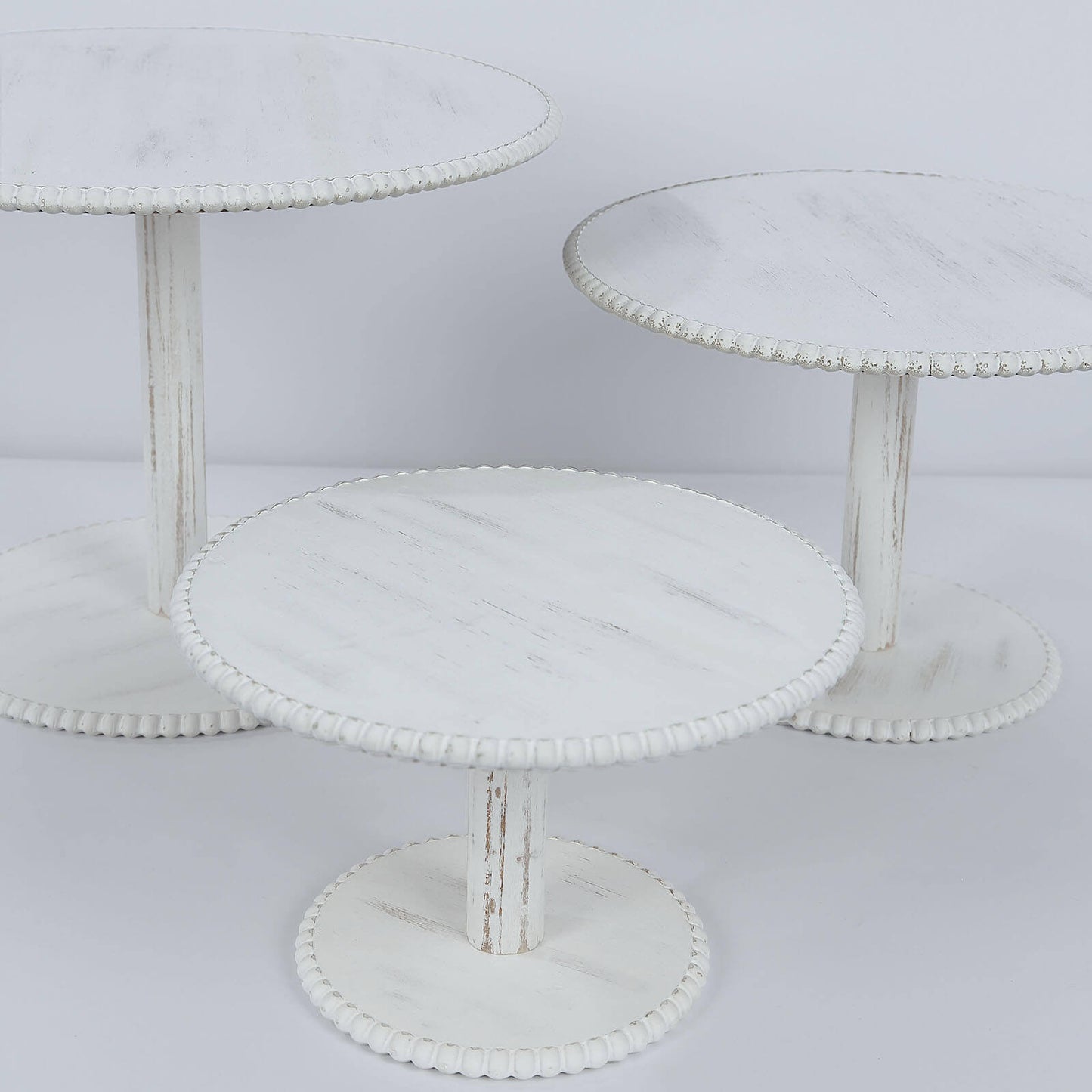 Set of 3 Wooden Pedestal Cake Stands Whitewash with Round Beaded Rim Trays - Stackable Rustic Cupcake Display 8", 10", 12"