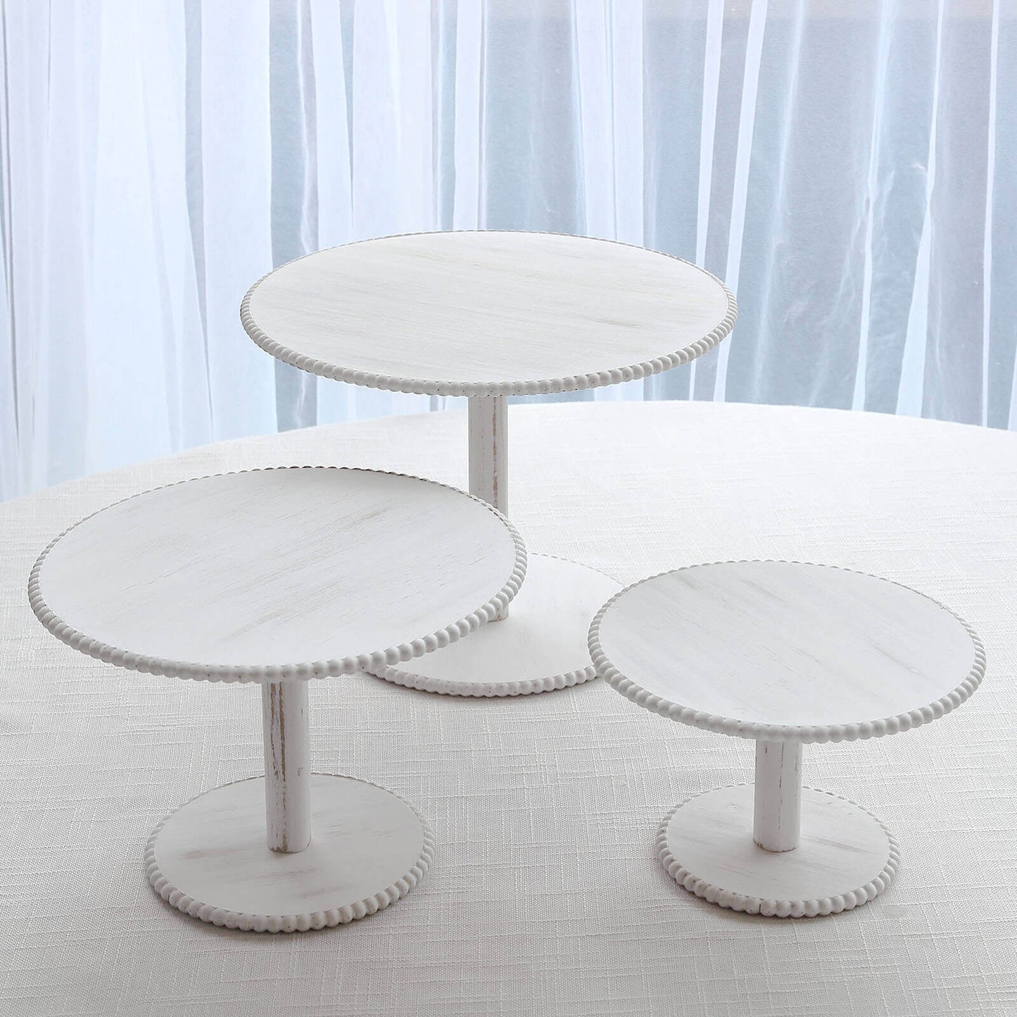 Set of 3 Wooden Pedestal Cake Stands Whitewash with Round Beaded Rim Trays - Stackable Rustic Cupcake Display 8", 10", 12"