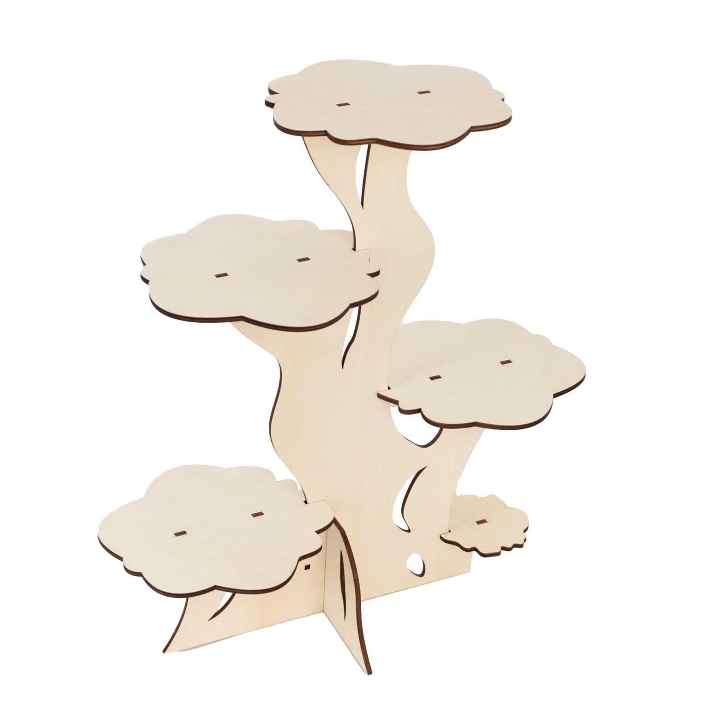 5-Tier Wooden Cake Stand Natural Tree Tower Design with Laser Cut Details - Rustic Cupcake Dessert Display 19" Tall
